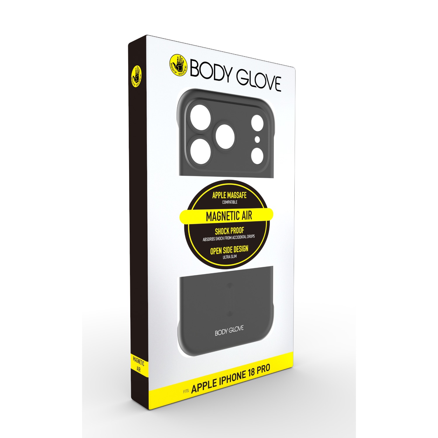 Retail packaging front for the black Body Glove Magnetic AirCase for Apple iPhone 18 Pro with the case images and fit label visible