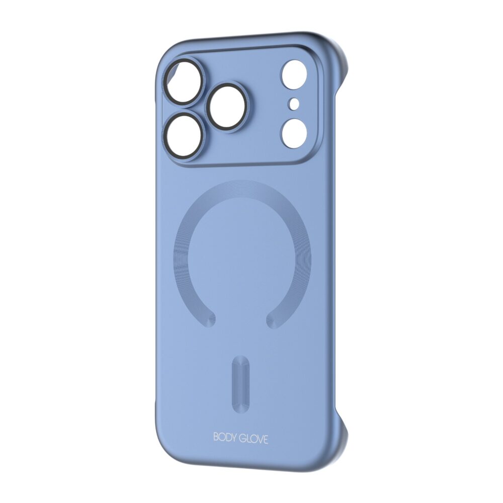 Blue Body Glove Magnetic AirCase for Apple iPhone 18 Pro shown at an angle with the open sides and camera surround visible