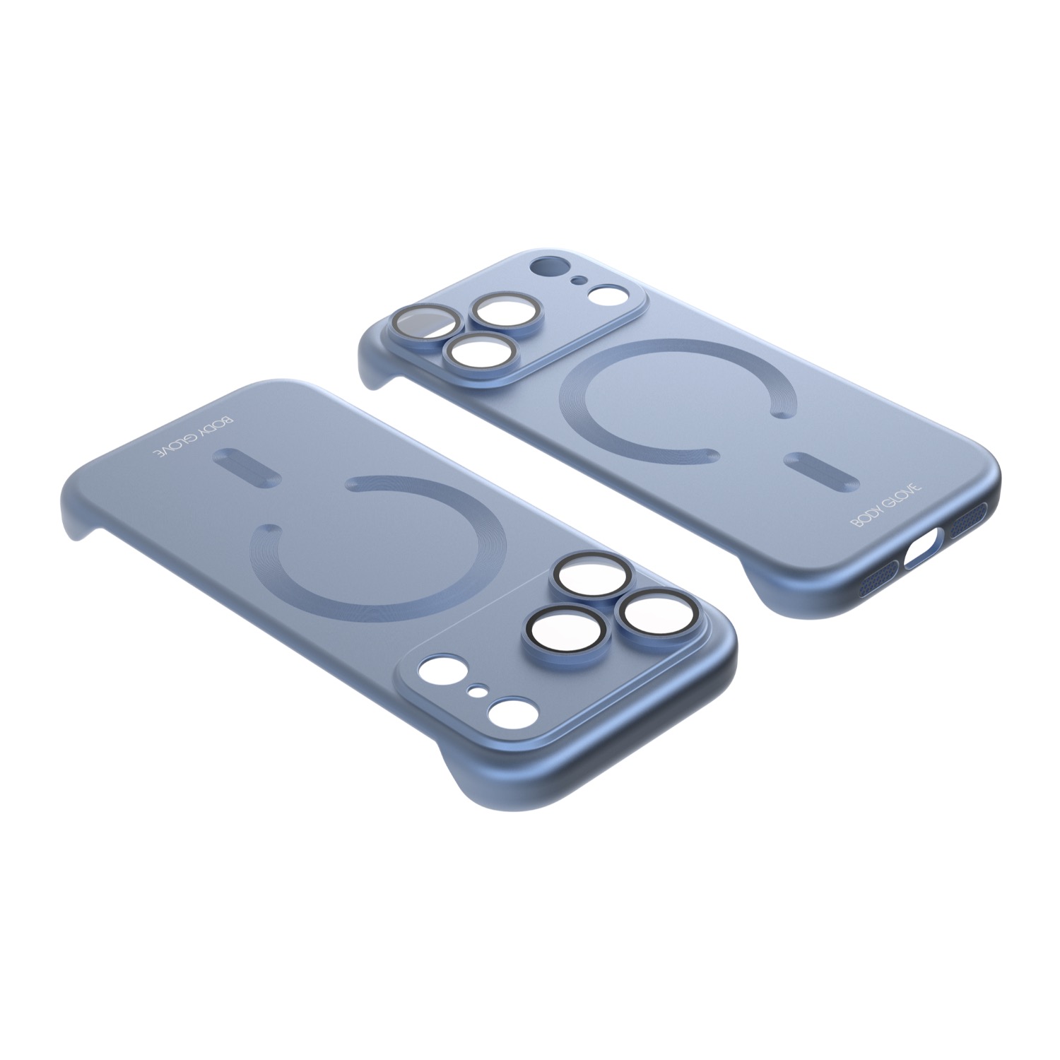 Two blue Body Glove Magnetic AirCase shells for Apple iPhone 18 Pro shown at opposing angles with the magnetic rings visible
