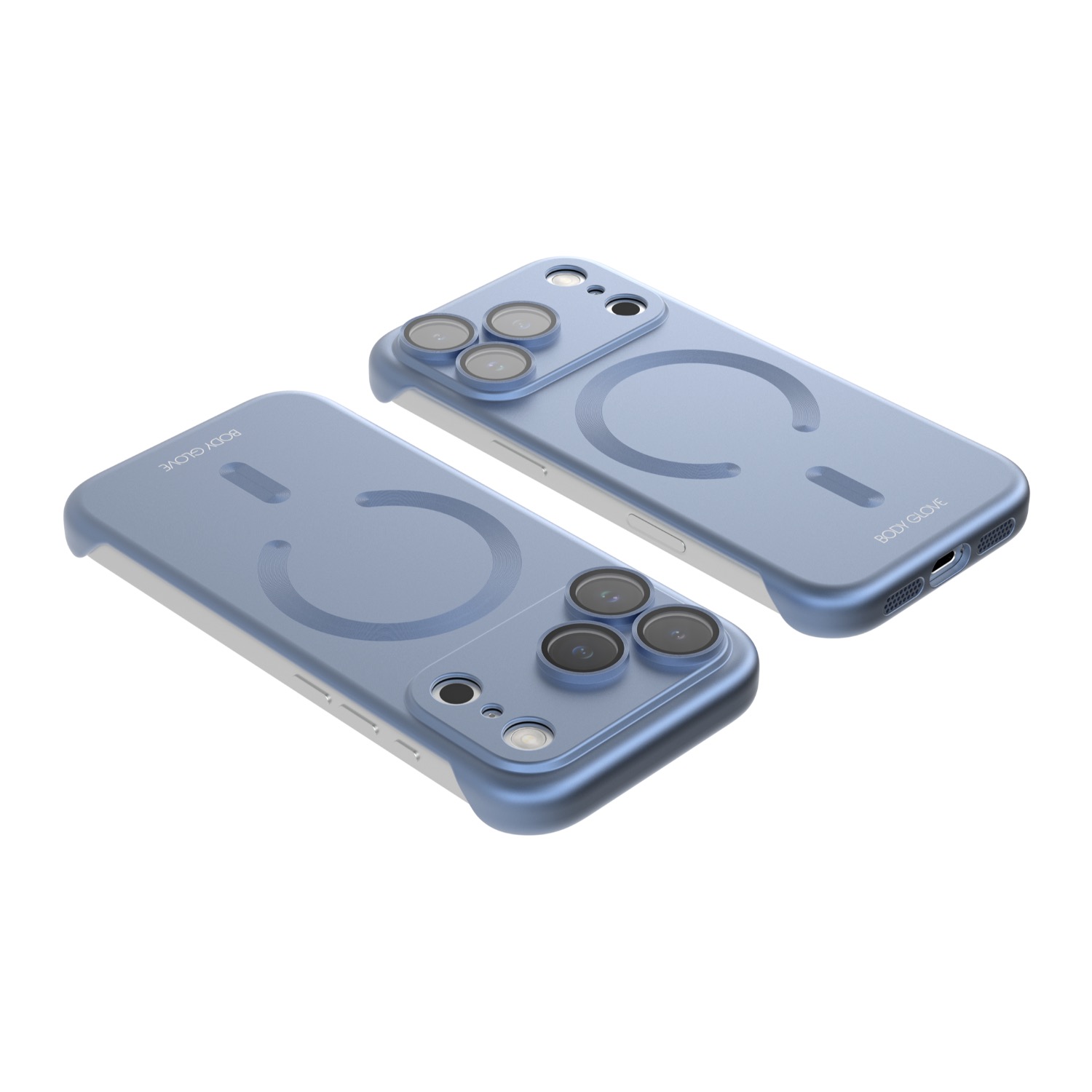 Two Apple iPhone 18 Pro devices fitted with blue Body Glove Magnetic AirCase cases and shown at opposing rear angles