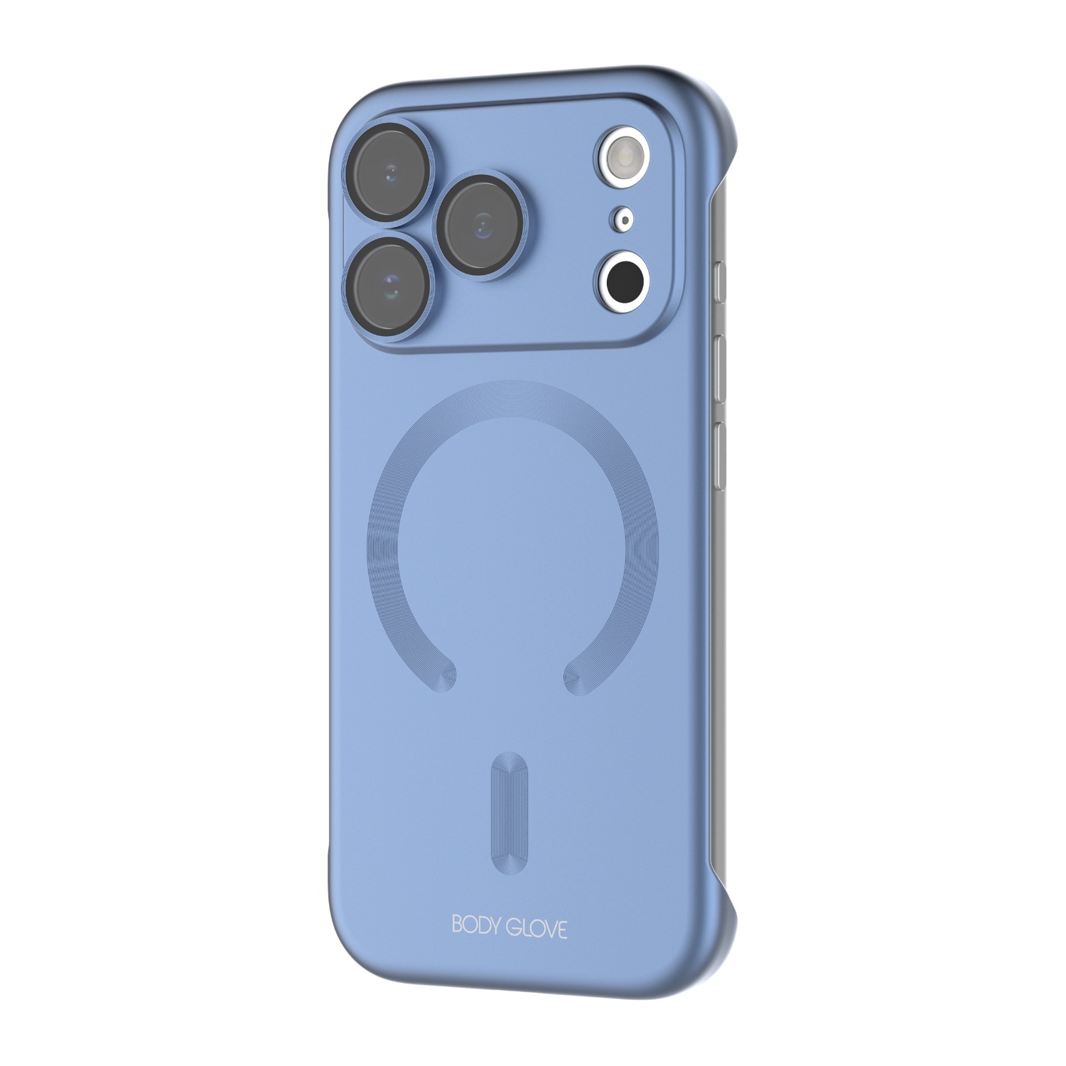Apple iPhone 18 Pro fitted with the blue Body Glove Magnetic AirCase, shown at a rear angle with the camera surround and open side visible