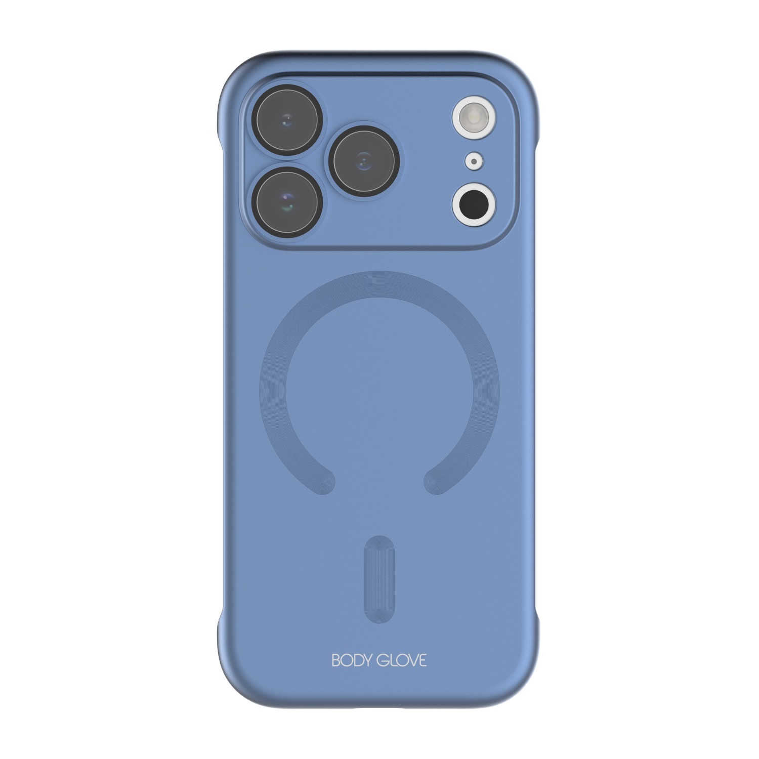 Blue Body Glove Magnetic AirCase fitted to an Apple iPhone 18 Pro, shown from the rear with the camera lenses and magnetic ring visible