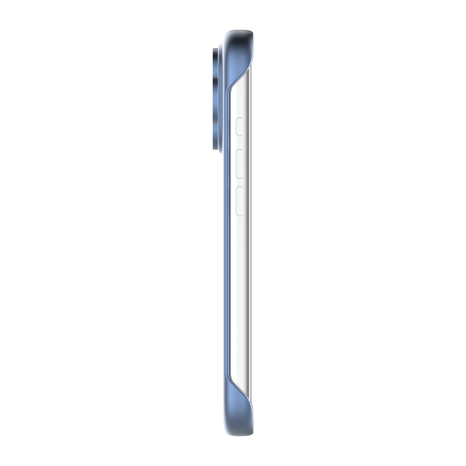 Side profile of an Apple iPhone 18 Pro fitted with the blue Body Glove Magnetic AirCase, showing the open side and camera surround