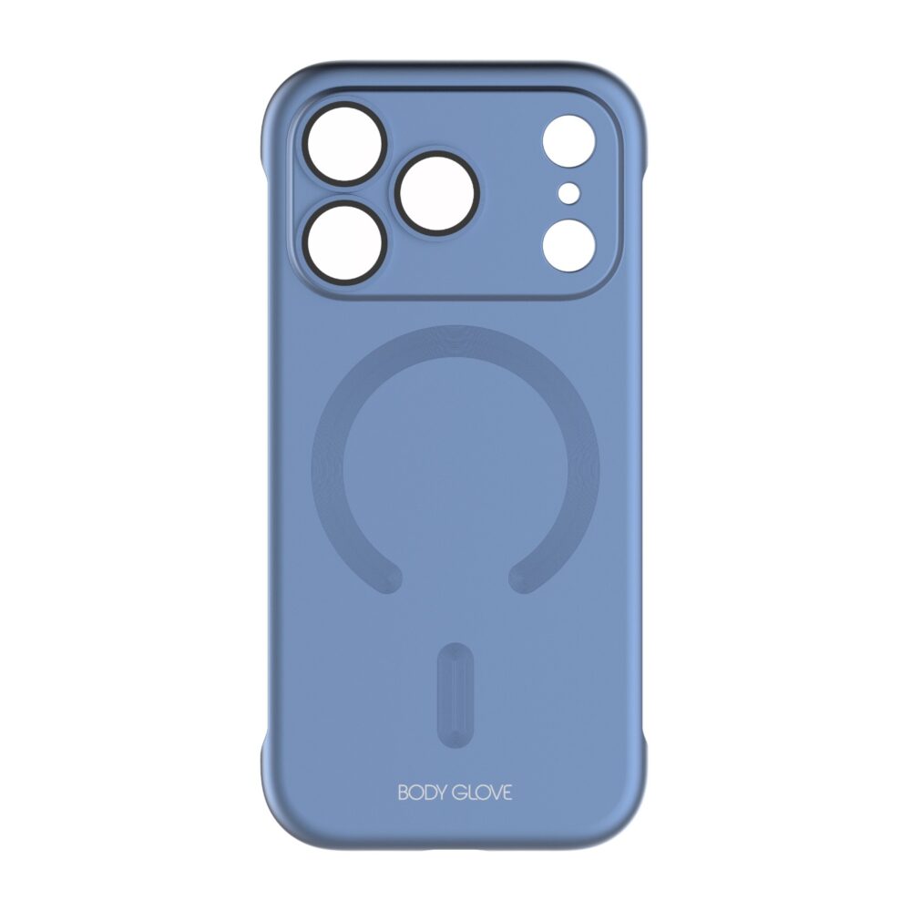 Blue Body Glove Magnetic AirCase for Apple iPhone 18 Pro shown from the rear with the magnetic ring and camera surround visible