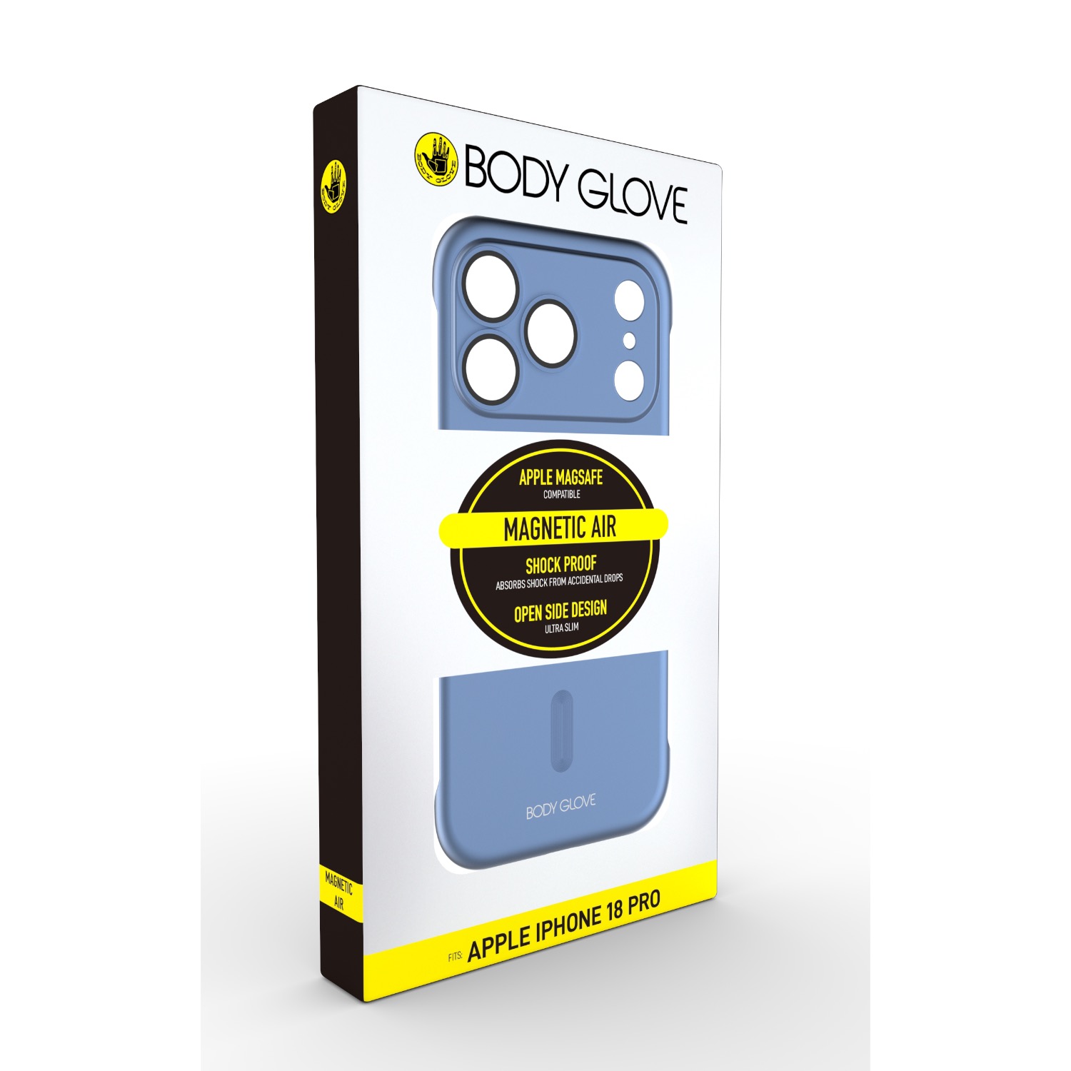 Blue Body Glove Magnetic AirCase for Apple iPhone 18 Pro shown in its angled retail packaging