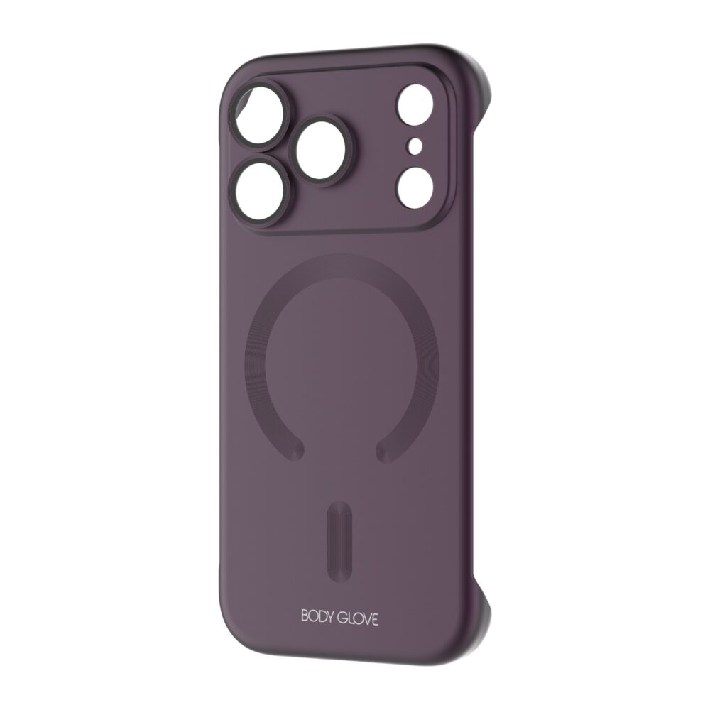 Purple Body Glove Magnetic AirCase for Apple iPhone 18 Pro shown at an angle with the rear magnetic ring and raised camera surround visible