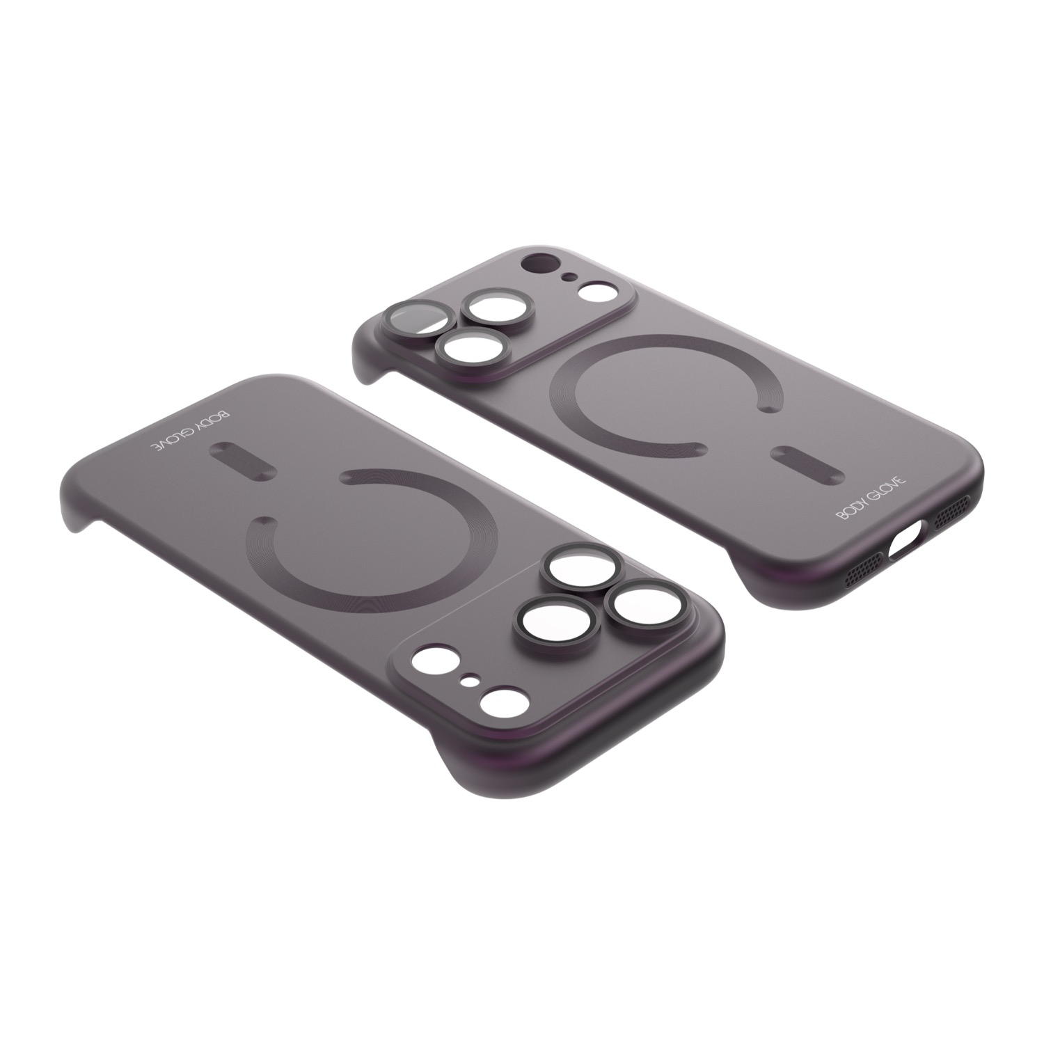 Two angled views of the purple Body Glove Magnetic AirCase for Apple iPhone 18 Pro showing the open-side design, magnetic ring and camera cut-outs