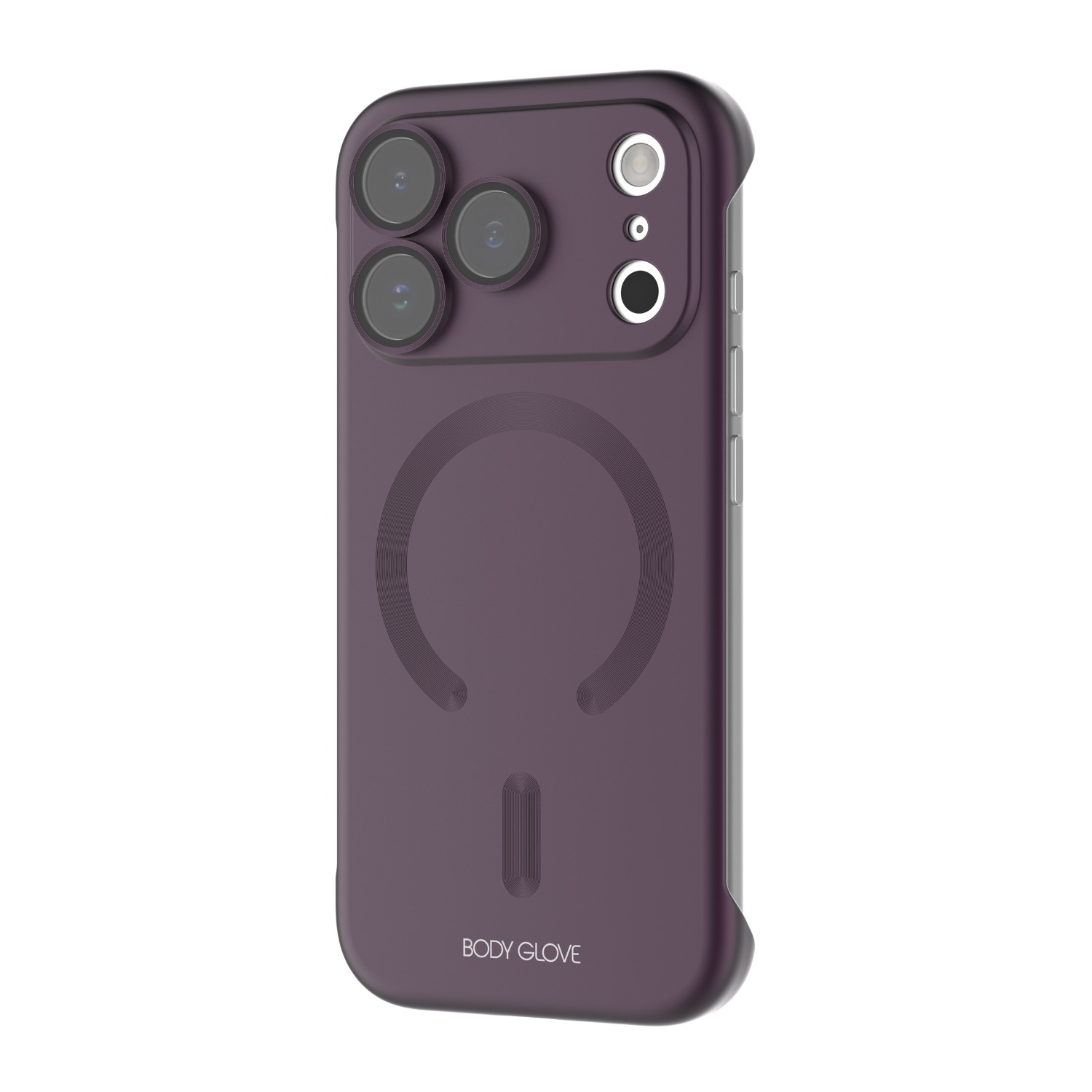 Purple Body Glove Magnetic AirCase fitted to an Apple iPhone 18 Pro and shown at a rear angle with the camera surround and magnetic ring visible