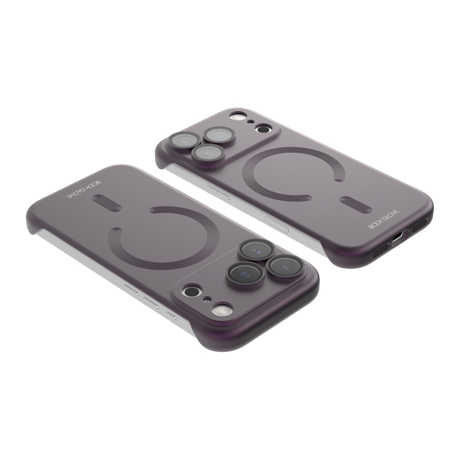 Two angled views of the purple Body Glove Magnetic AirCase fitted to an Apple iPhone 18 Pro, showing the open sides, camera surround and bottom port opening