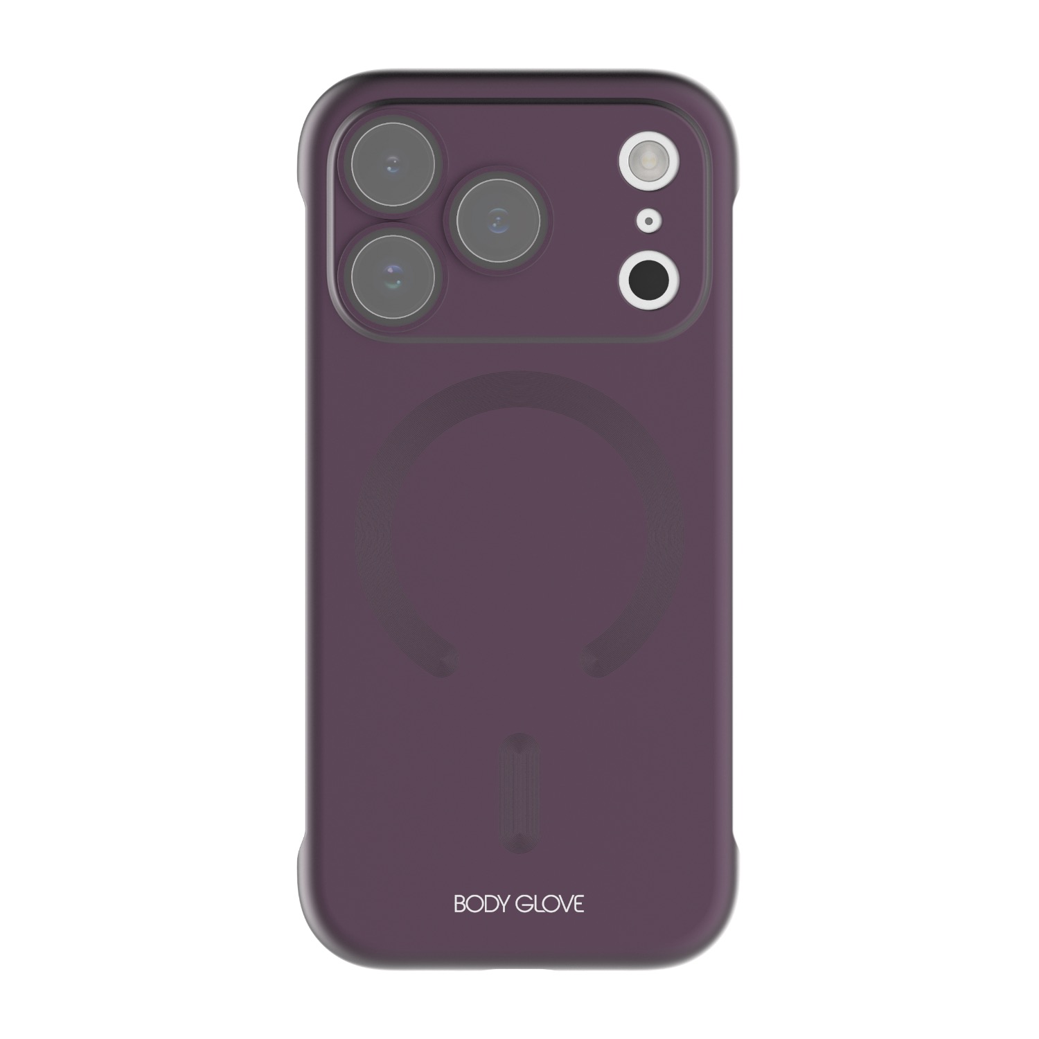 Purple Body Glove Magnetic AirCase fitted to an Apple iPhone 18 Pro, shown from the rear with the camera lenses and magnetic ring visible