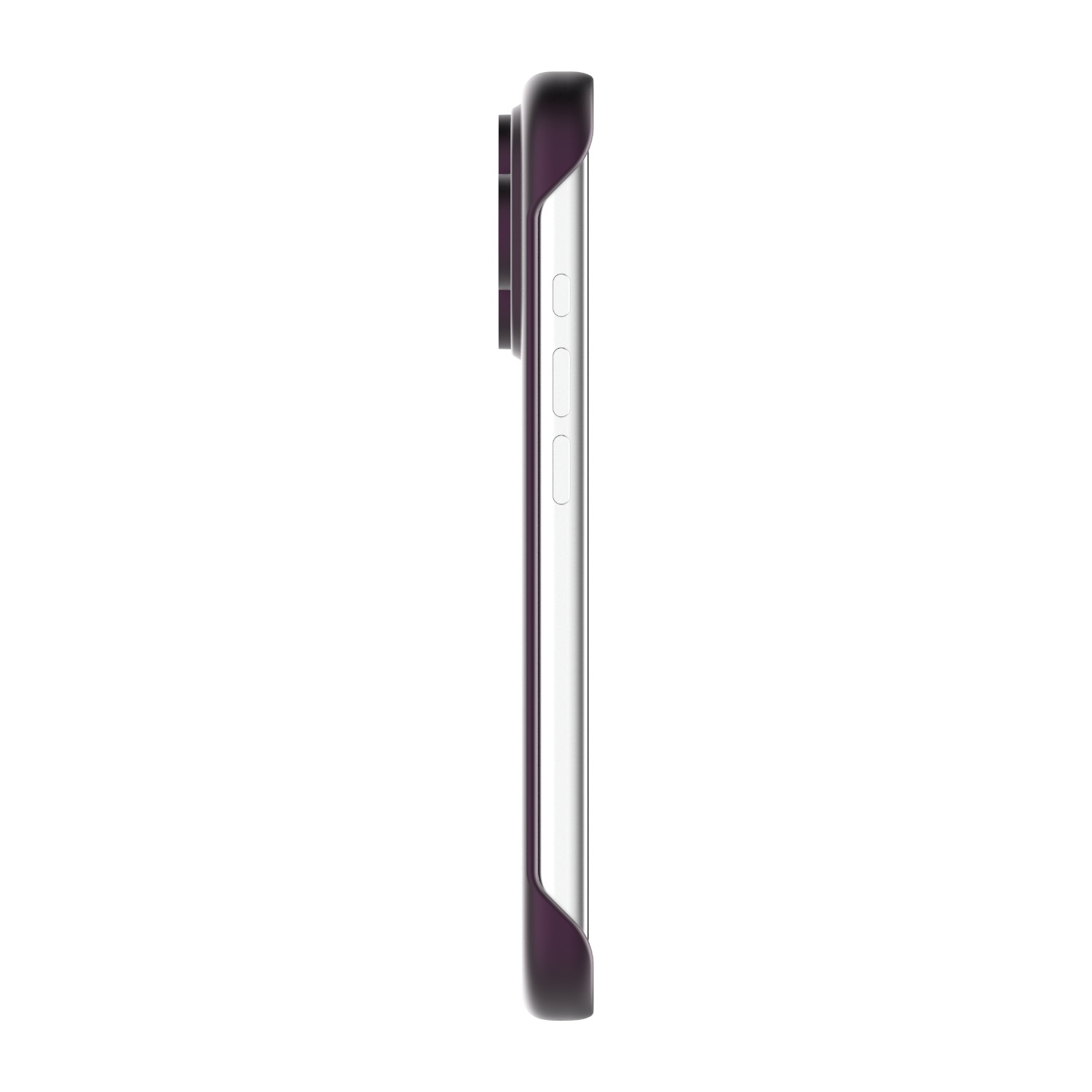 Side profile of the purple Body Glove Magnetic AirCase fitted to an Apple iPhone 18 Pro with the exposed side controls visible
