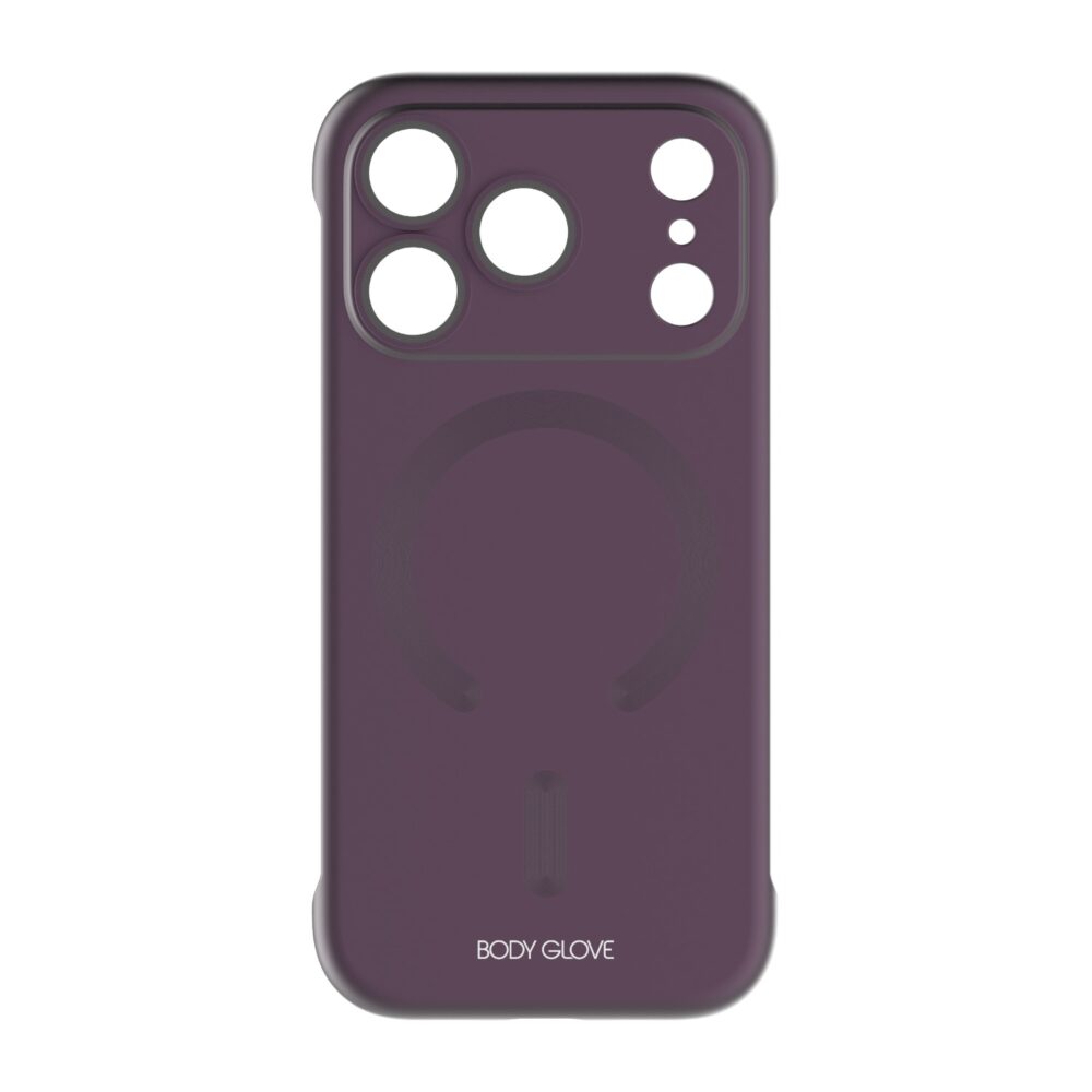Purple Body Glove Magnetic AirCase for Apple iPhone 18 Pro shown from the rear with the magnetic ring and camera cut-outs visible