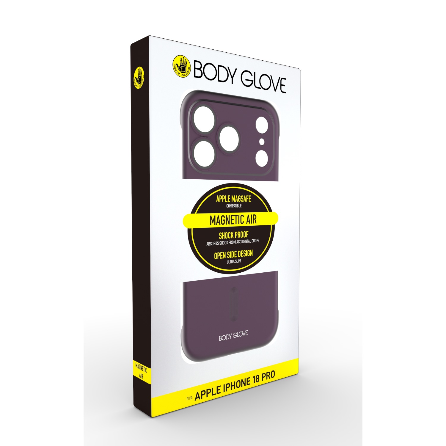 Retail packaging front for the purple Body Glove Magnetic AirCase for Apple iPhone 18 Pro with the case images and fit label visible