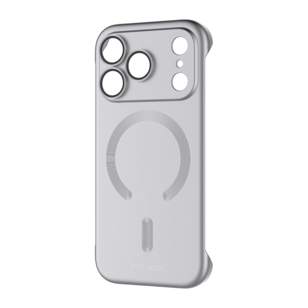 Silver Body Glove Magnetic AirCase for Apple iPhone 18 Pro shown at an angle with the rear magnetic ring and raised camera surround visible
