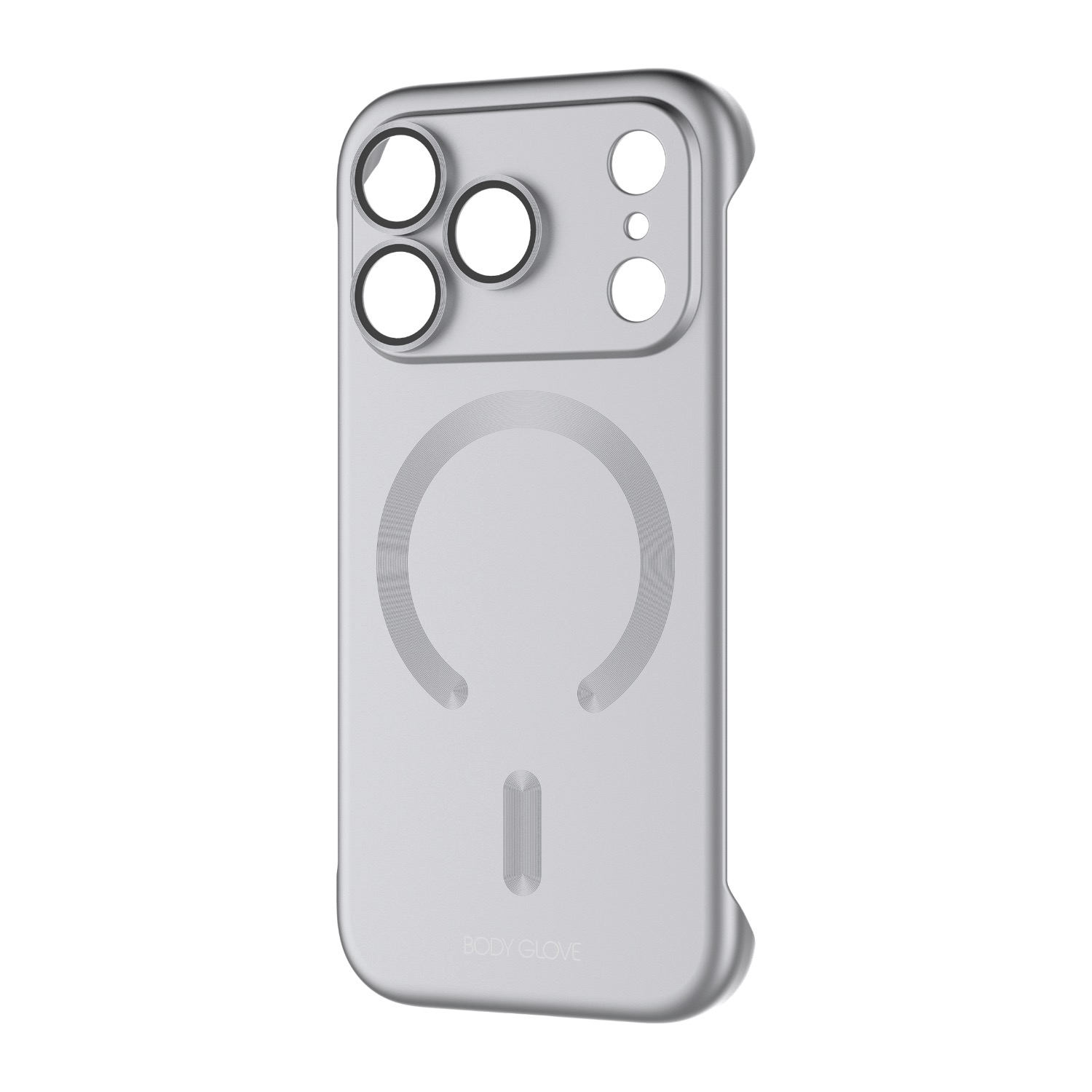 Silver Body Glove Magnetic AirCase for Apple iPhone 18 Pro shown at an angle with the rear magnetic ring and raised camera surround visible