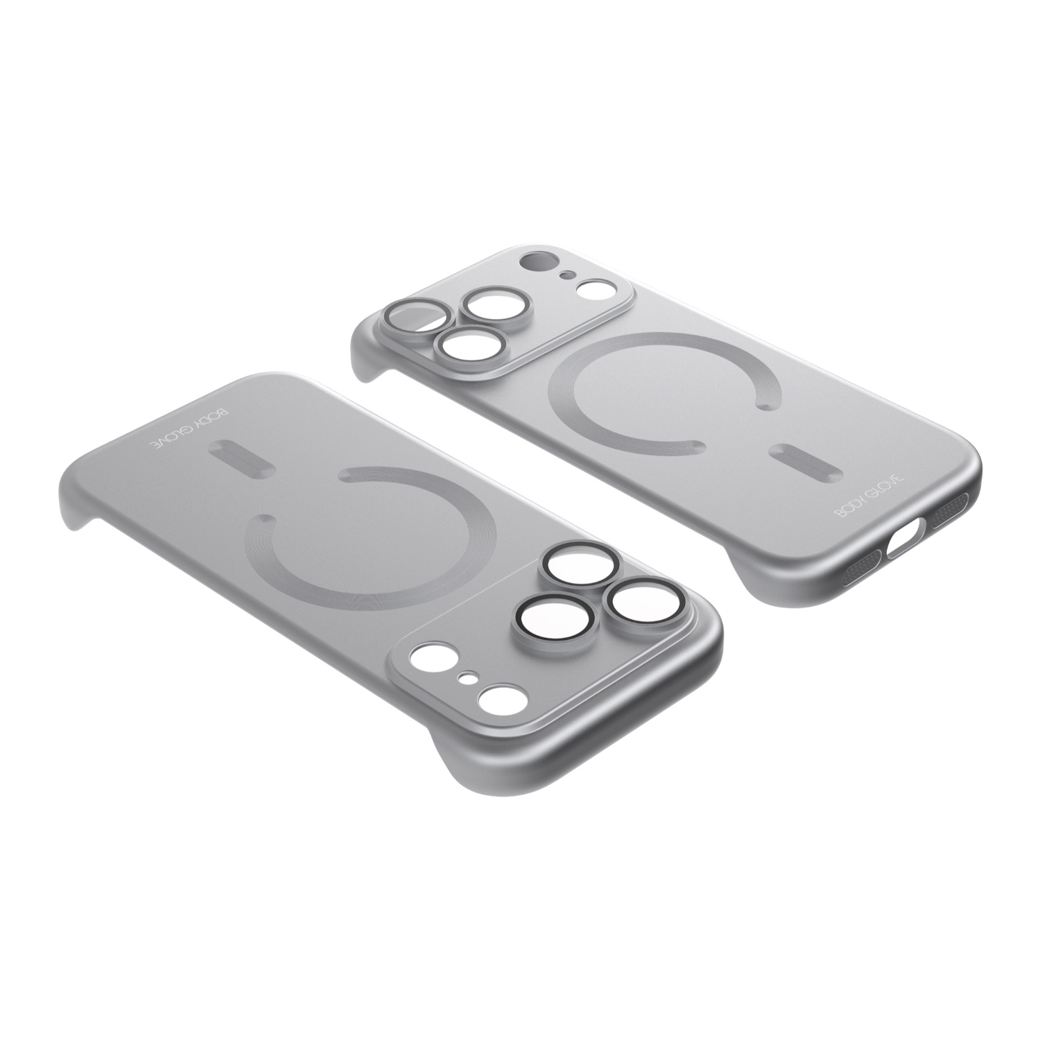 Two angled views of the silver Body Glove Magnetic AirCase for Apple iPhone 18 Pro showing the open-side design, magnetic ring and camera cut-outs