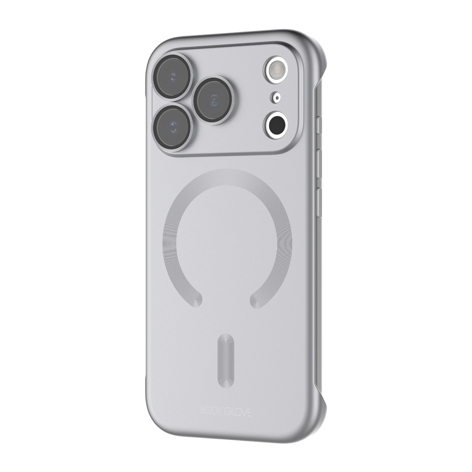 Silver Body Glove Magnetic AirCase fitted to an Apple iPhone 18 Pro and shown at a rear angle with the camera surround and magnetic ring visible