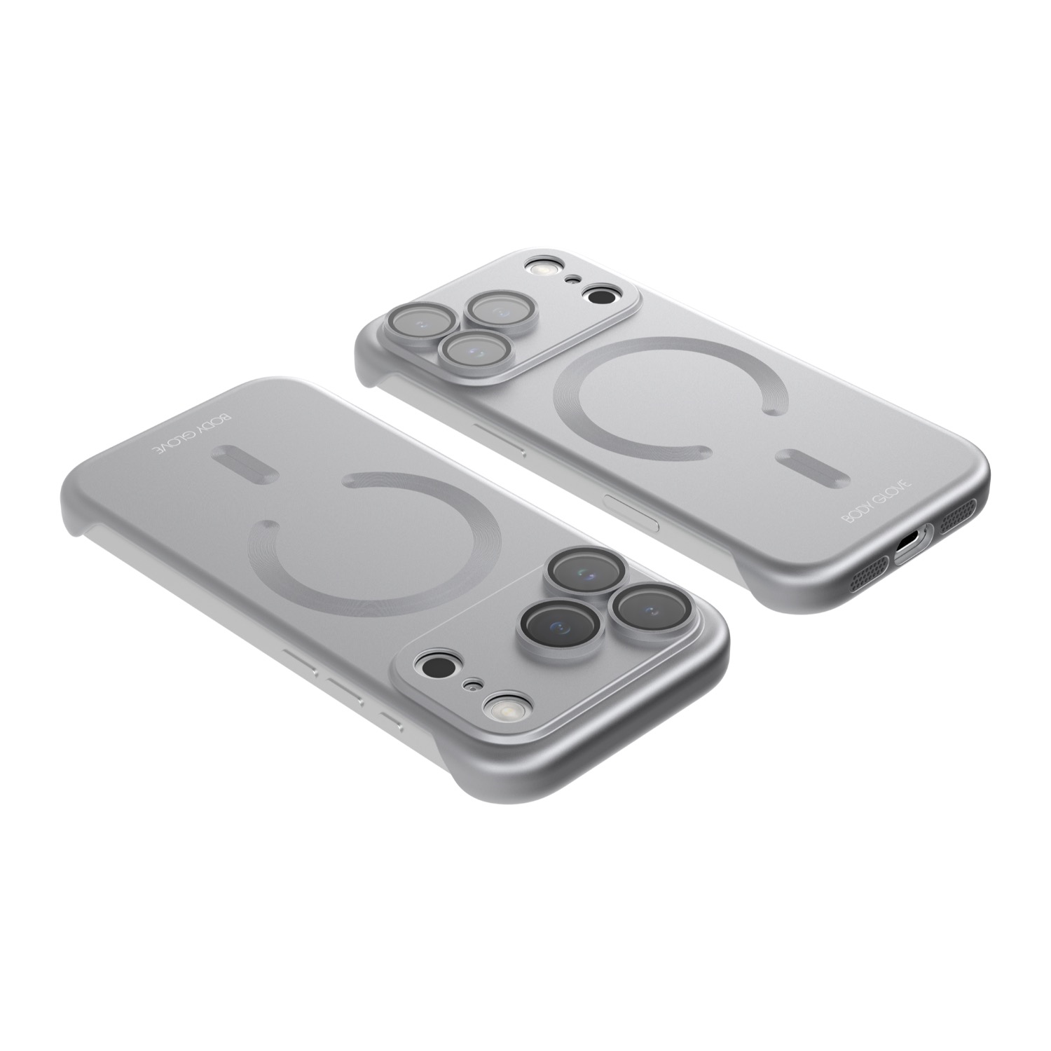 Two angled views of the silver Body Glove Magnetic AirCase fitted to an Apple iPhone 18 Pro, showing the open sides, camera surround and bottom port opening