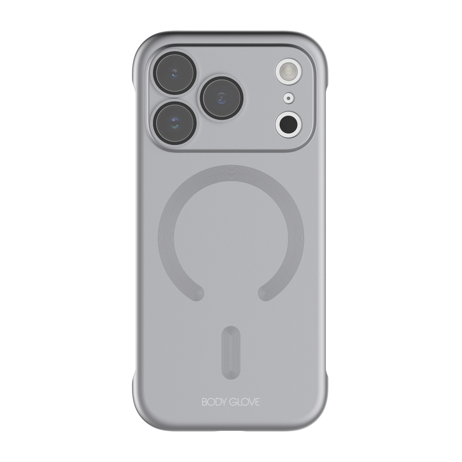 Silver Body Glove Magnetic AirCase fitted to an Apple iPhone 18 Pro, shown from the rear with the camera lenses and magnetic ring visible