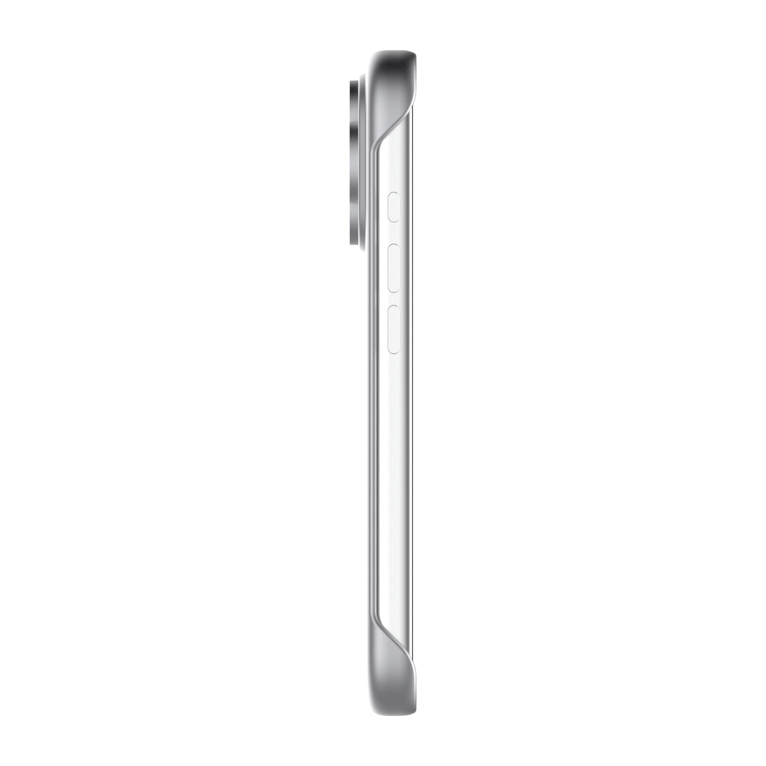 Side profile of the silver Body Glove Magnetic AirCase fitted to an Apple iPhone 18 Pro with the exposed side controls visible
