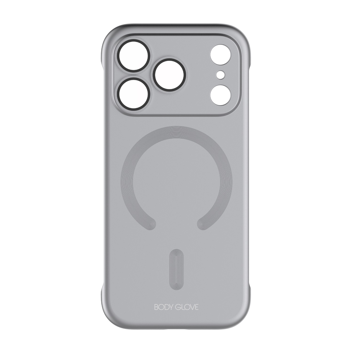 Silver Body Glove Magnetic AirCase for Apple iPhone 18 Pro shown from the rear with the magnetic ring and camera cut-outs visible