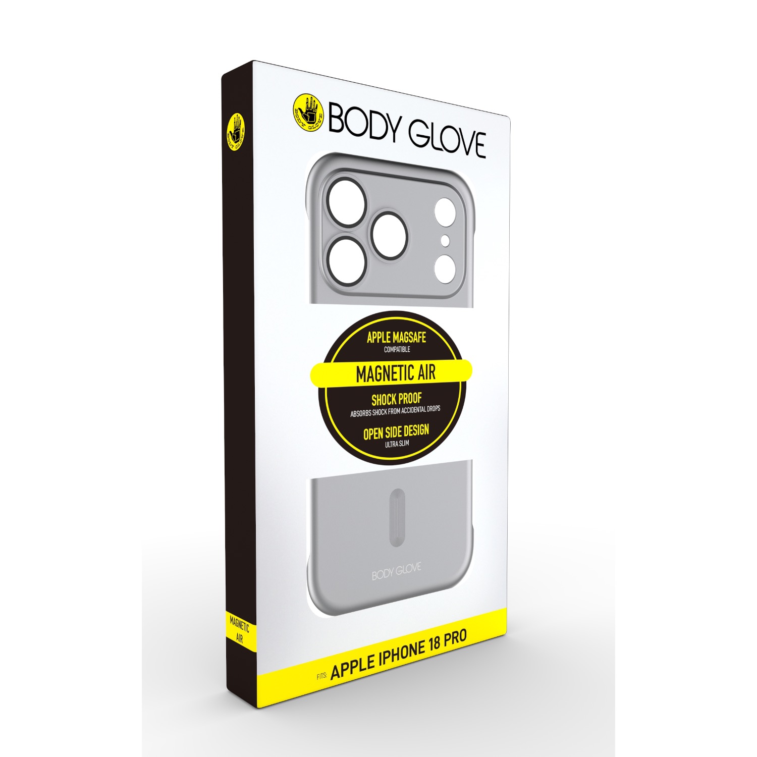 Retail packaging front for the silver Body Glove Magnetic AirCase for Apple iPhone 18 Pro with the case images and fit label visible