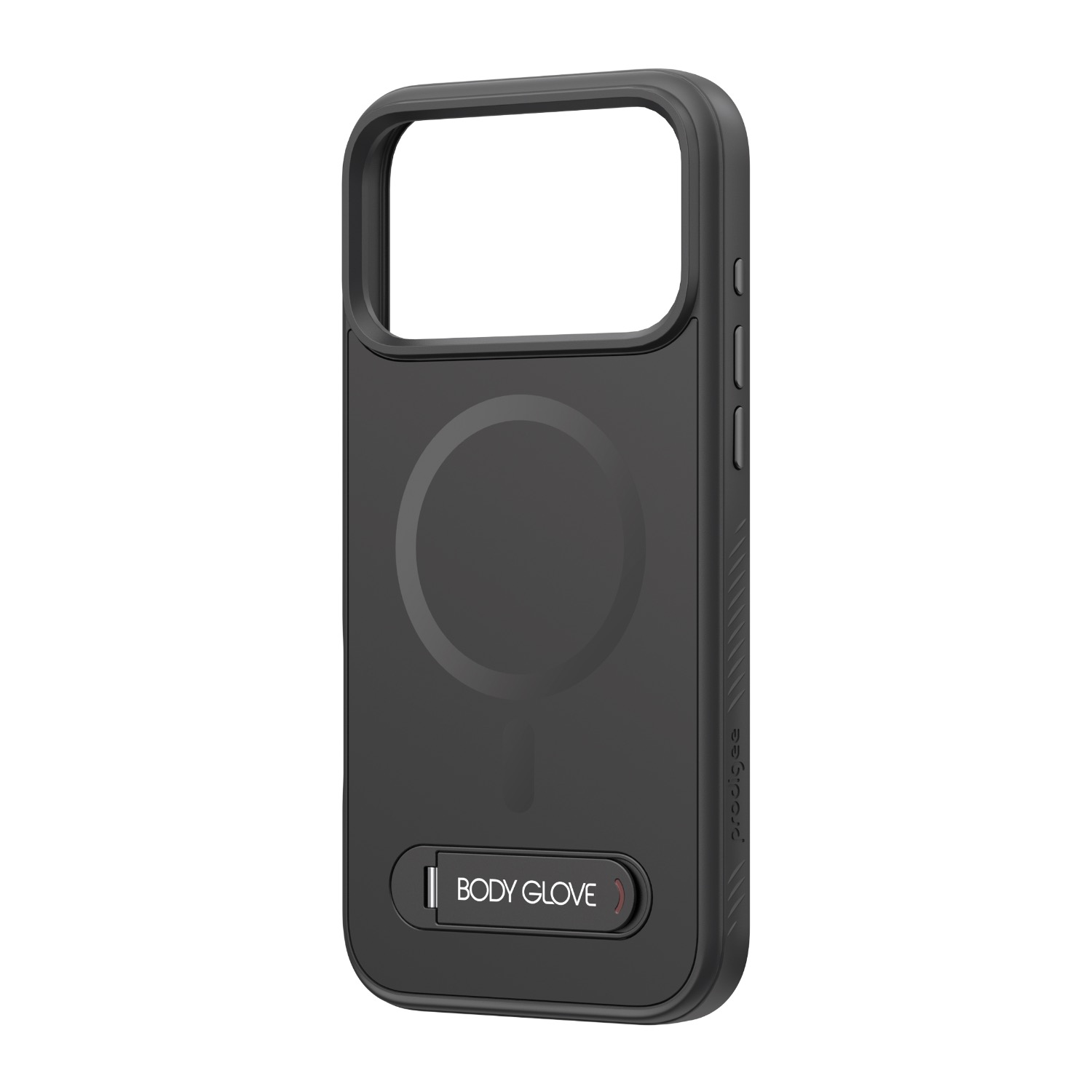 Black Body Glove Magnetic Tank case for Apple iPhone 18 Pro and iPhone 17 Pro shown at an angle with the magnetic ring, folded kickstand and side controls visible