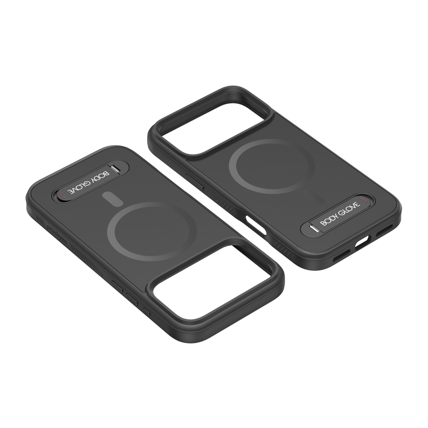 Two black Body Glove Magnetic Tank cases for Apple iPhone 18 Pro and iPhone 17 Pro shown at opposing angles with magnetic rings and folded kickstands visible