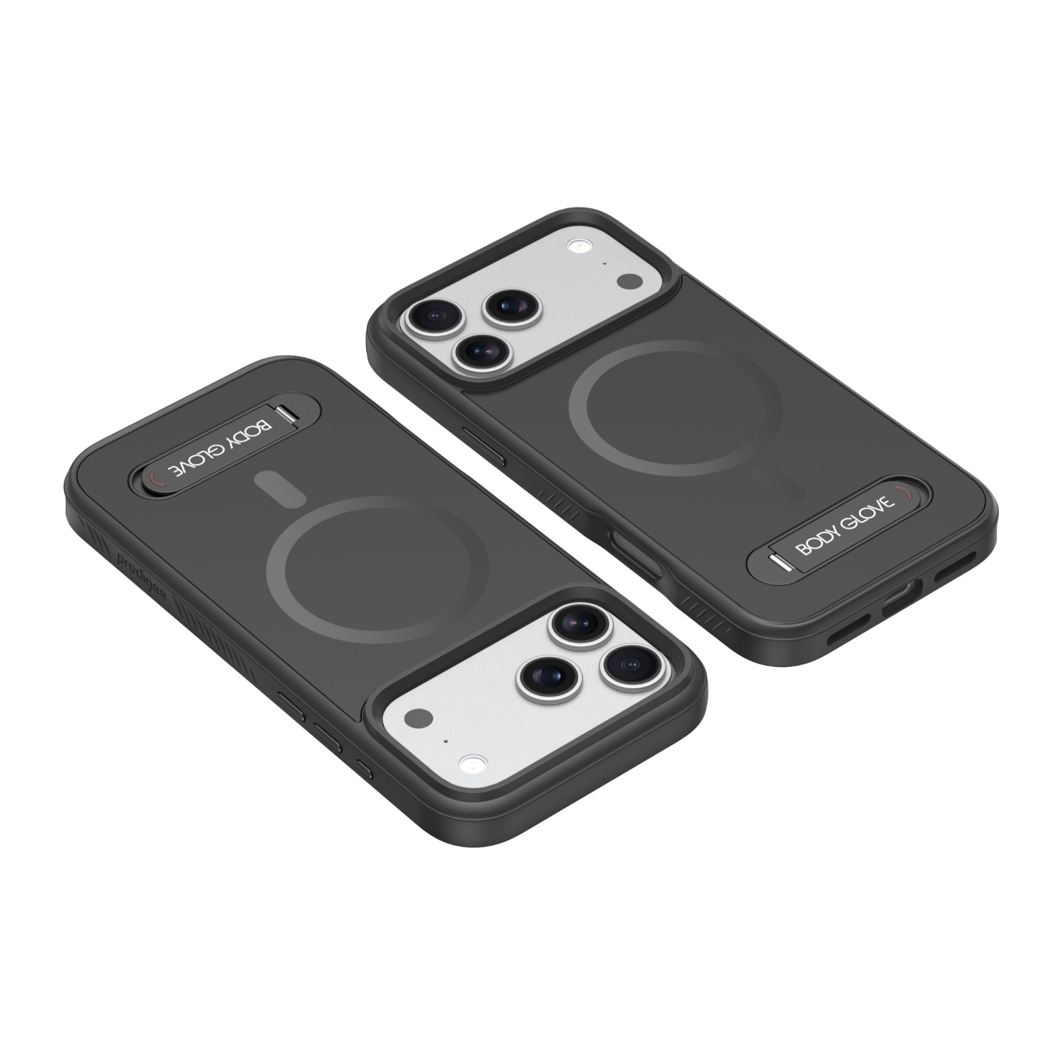 Two compatible iPhones fitted with black Body Glove Magnetic Tank cases for Apple iPhone 18 Pro and iPhone 17 Pro, shown at opposing rear angles