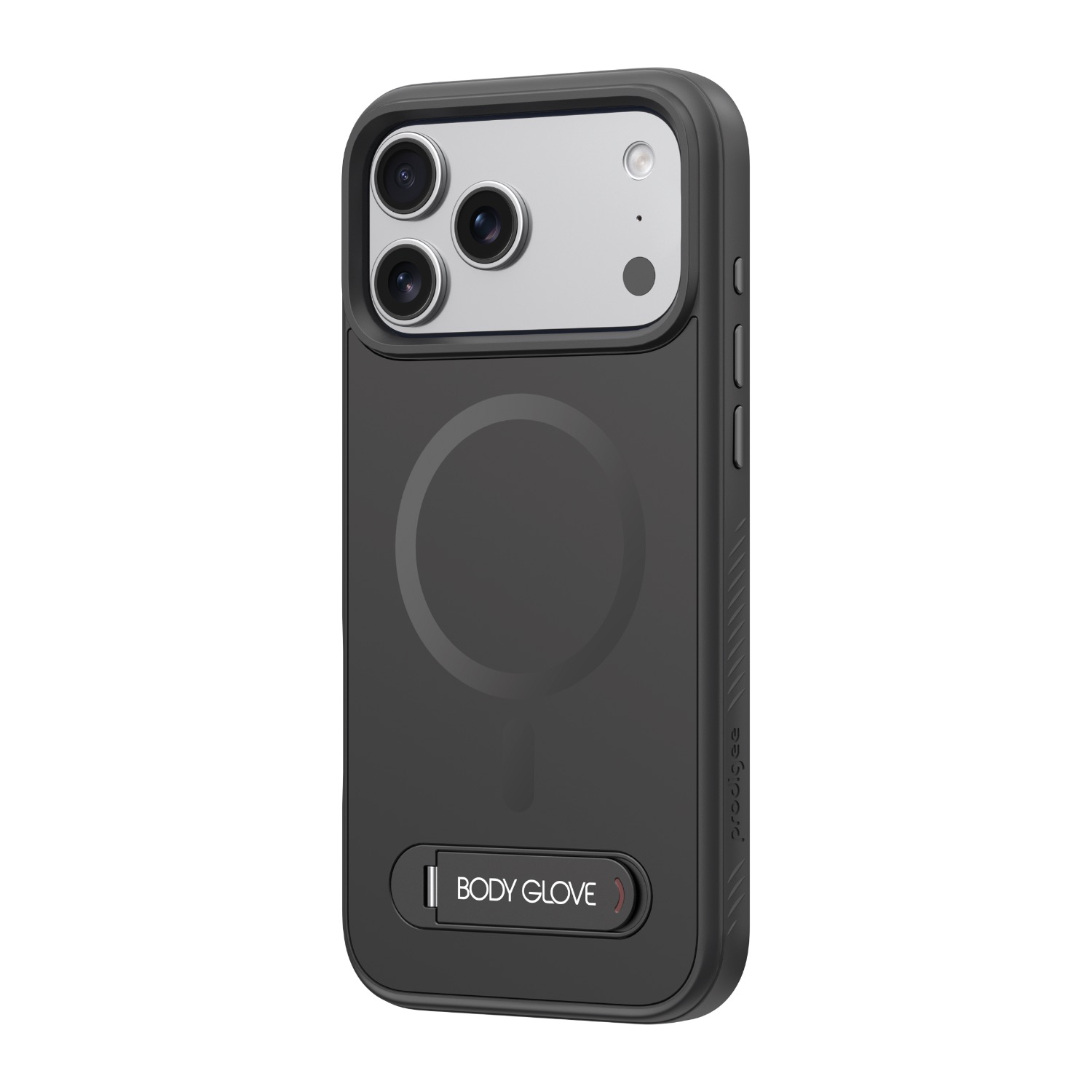 Black Body Glove Magnetic Tank case for Apple iPhone 18 Pro and iPhone 17 Pro fitted to a compatible iPhone and shown at a rear angle with side controls visible