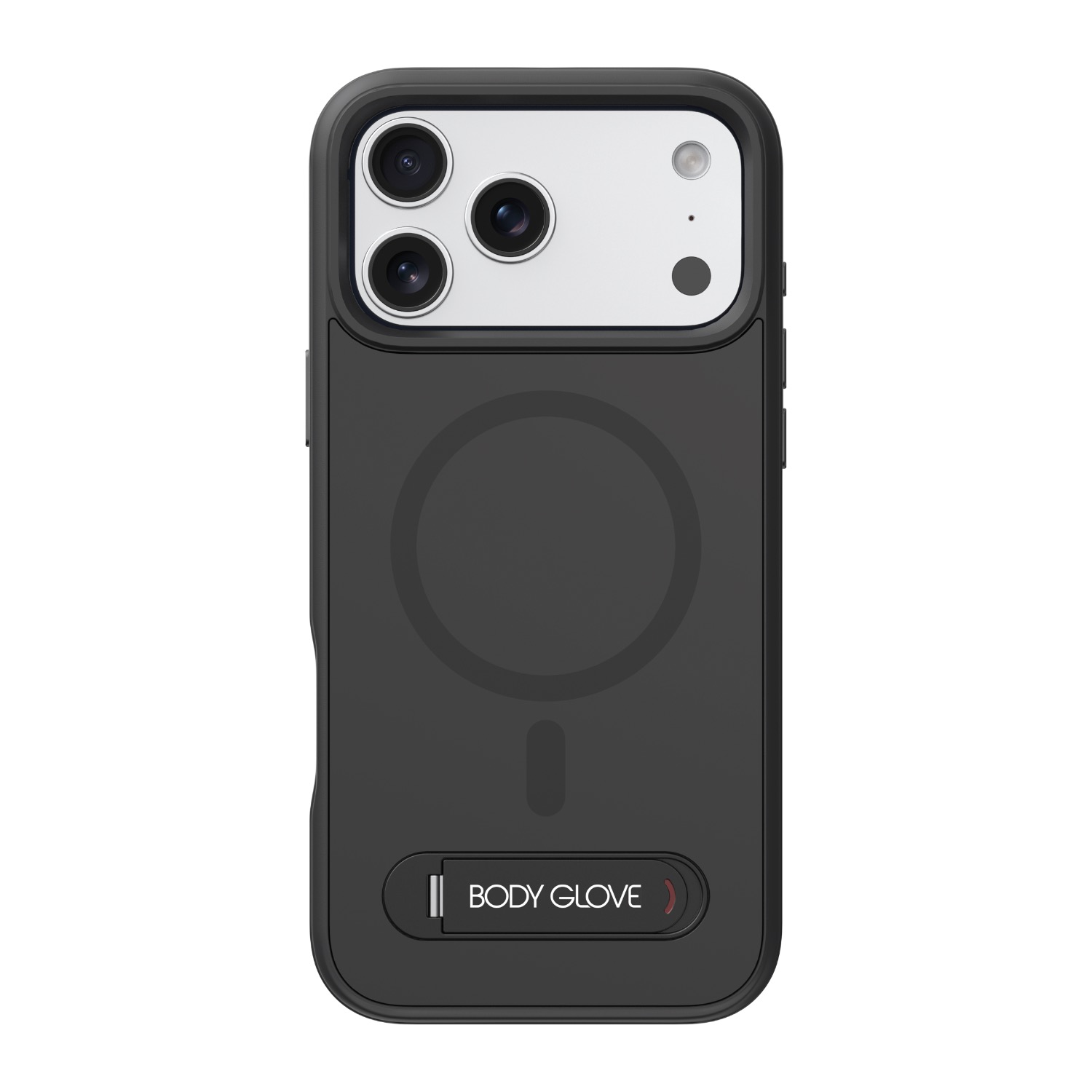 Black Body Glove Magnetic Tank case for Apple iPhone 18 Pro and iPhone 17 Pro shown fitted to a compatible iPhone from the rear with the camera opening, magnetic ring and folded kickstand visible