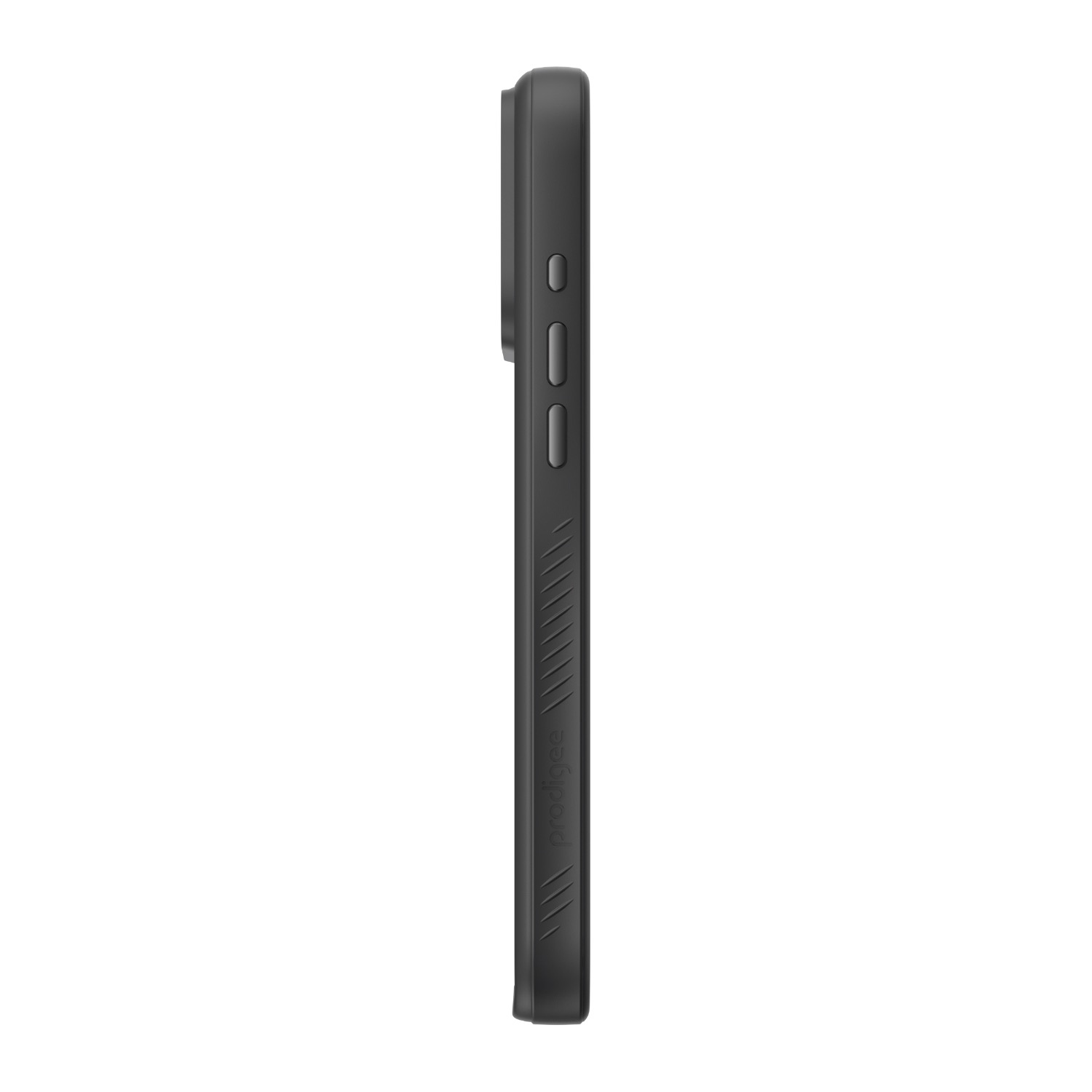 Side profile of a compatible iPhone fitted with the black Body Glove Magnetic Tank case for Apple iPhone 18 Pro and iPhone 17 Pro, showing the side buttons and raised camera surround