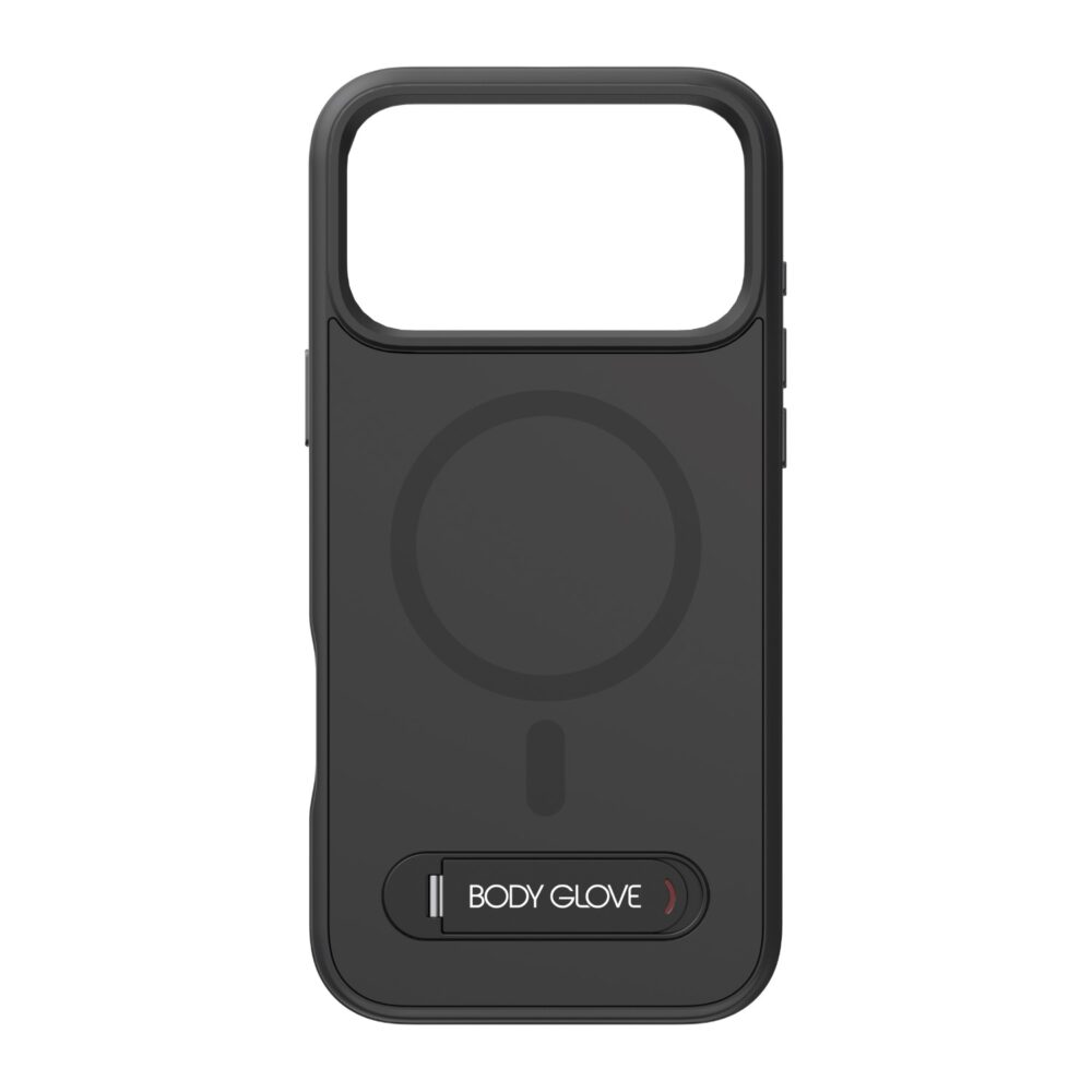 Black Body Glove Magnetic Tank case for Apple iPhone 18 Pro and iPhone 17 Pro shown from the rear with the magnetic ring and folded kickstand visible