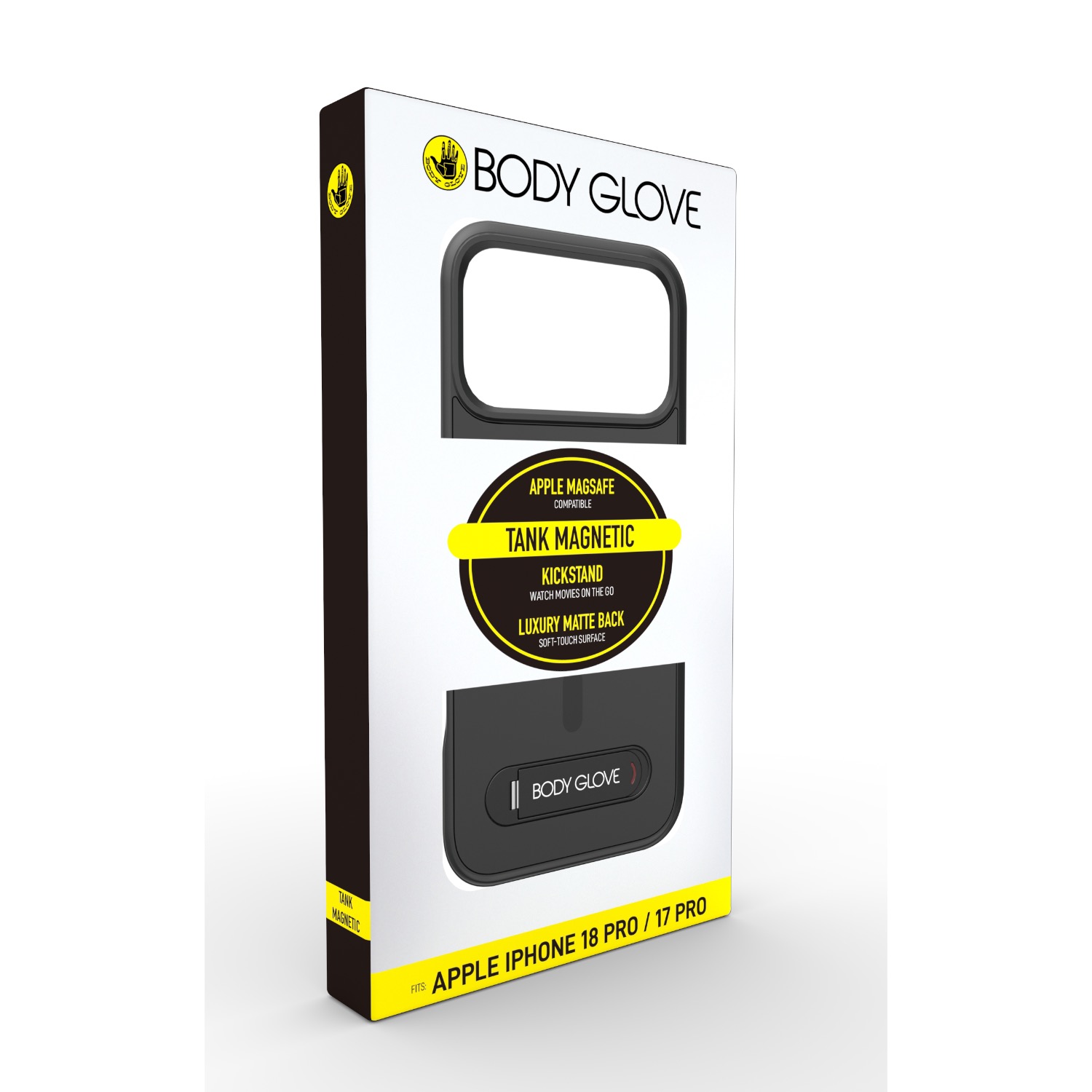 Black Body Glove Magnetic Tank case for Apple iPhone 18 Pro and iPhone 17 Pro shown in angled retail packaging with Magnetic Tank and kickstand details visible