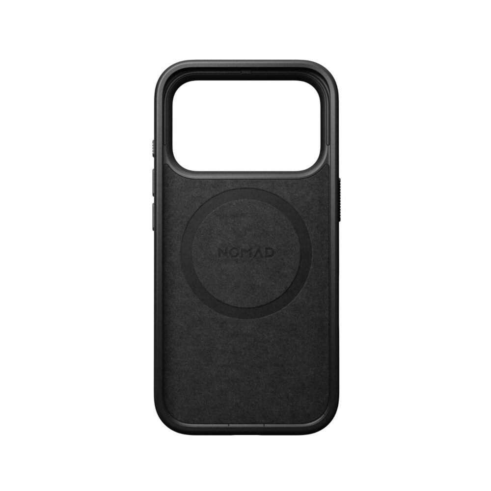 Interior of the black Nomad Mag Modern Leather Case for iPhone 18 Pro and iPhone 17 Pro, showing the dark lining and circular magnetic charging area.
