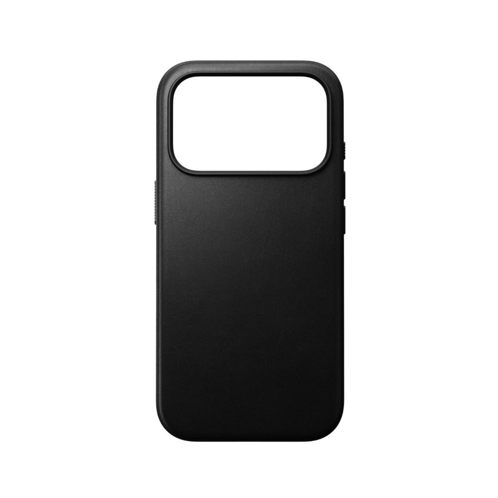 Black Nomad Mag Modern Leather Case for Apple iPhone 18 Pro and iPhone 17 Pro shown empty from the rear with the large camera cut-out visible.