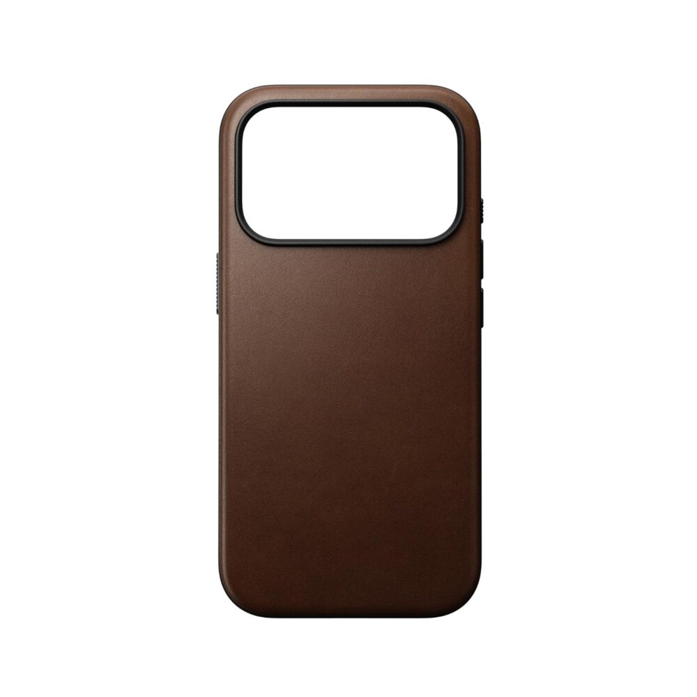 Brown Nomad Mag Modern Leather Case for Apple iPhone 18 Pro and iPhone 17 Pro shown empty from the rear with the large camera cut-out visible.