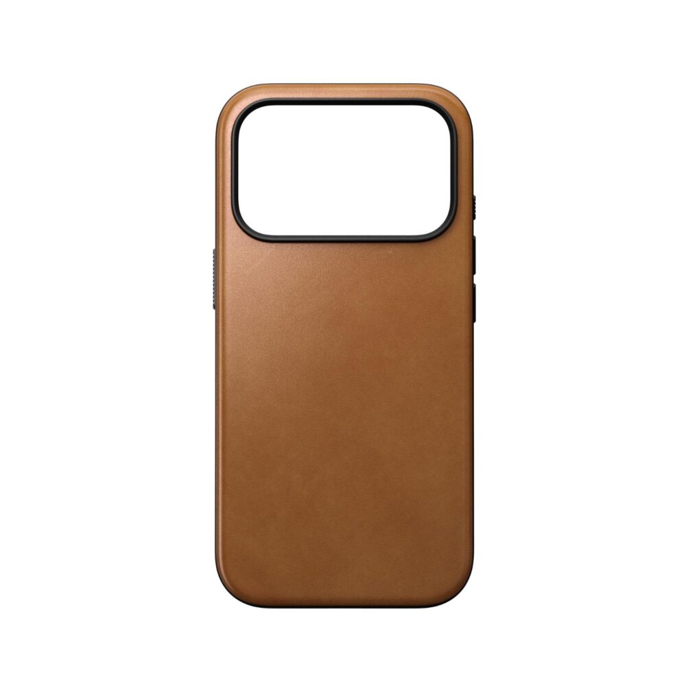 Tan Nomad Mag Modern Leather Case for Apple iPhone 18 Pro and iPhone 17 Pro shown empty from the rear with the large camera cut-out visible.