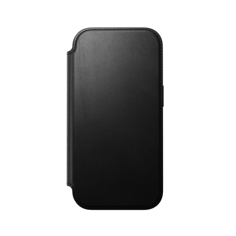 Closed black leather front cover of the Nomad Mag Modern Leather Folio for Apple iPhone 18 Pro and iPhone 17 Pro