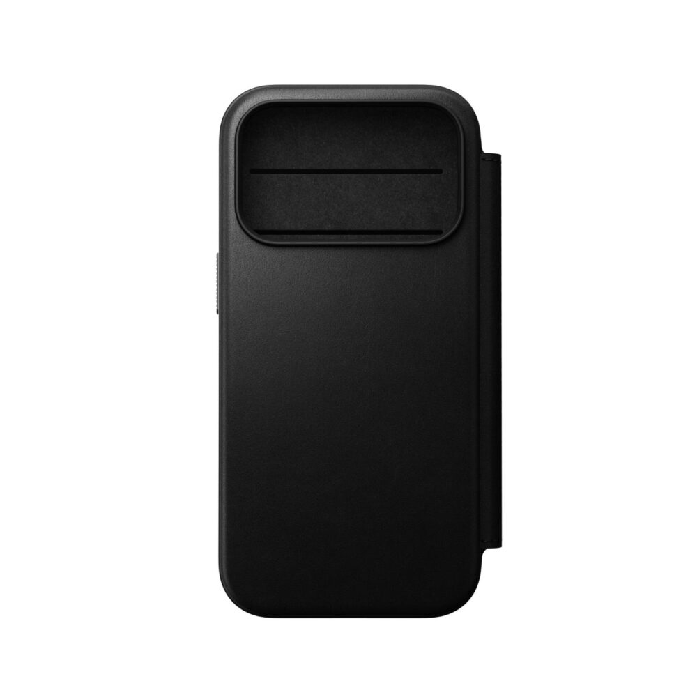Black Nomad Mag Modern Leather Folio for Apple iPhone 18 Pro and iPhone 17 Pro shown from the rear with the large camera opening visible