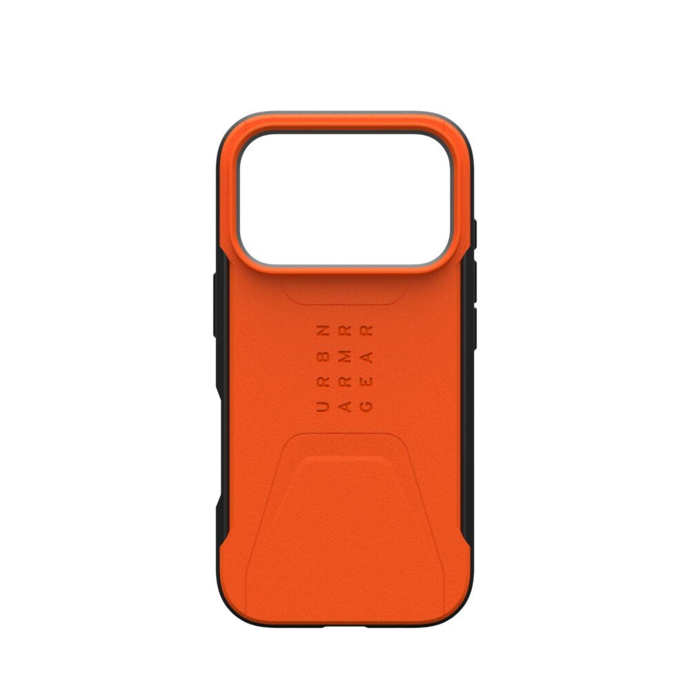 Orange UAG Civilian MagSafe case for Apple iPhone 18 Pro and iPhone 17 Pro shown empty from the rear with the black frame and raised camera surround visible.