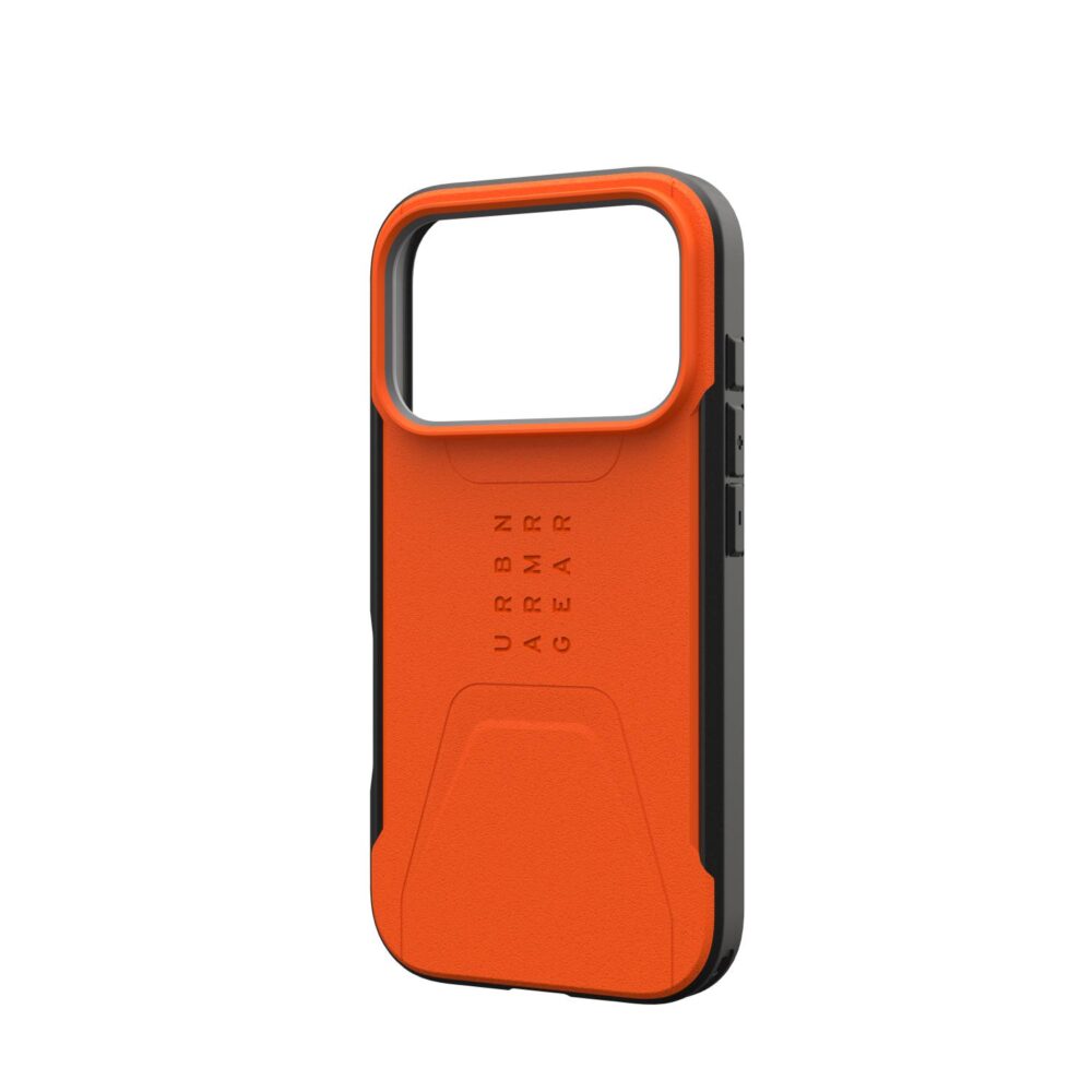 Empty orange UAG Civilian MagSafe case for Apple iPhone 18 Pro and iPhone 17 Pro shown at a right angle with the raised camera surround and black side frame visible.