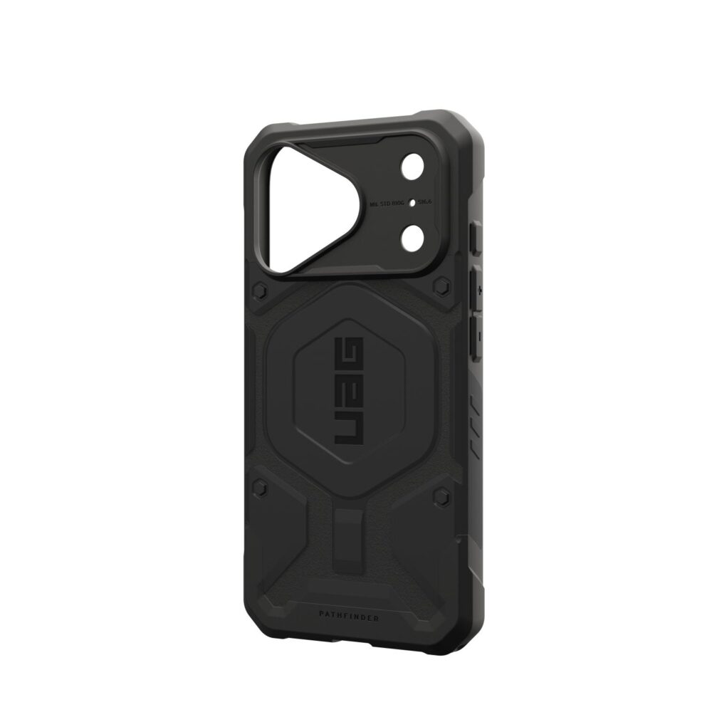 Angled rear view of the black UAG Pathfinder MagSafe case for Apple iPhone 18 Pro and iPhone 17 Pro, shown empty with the side buttons visible.