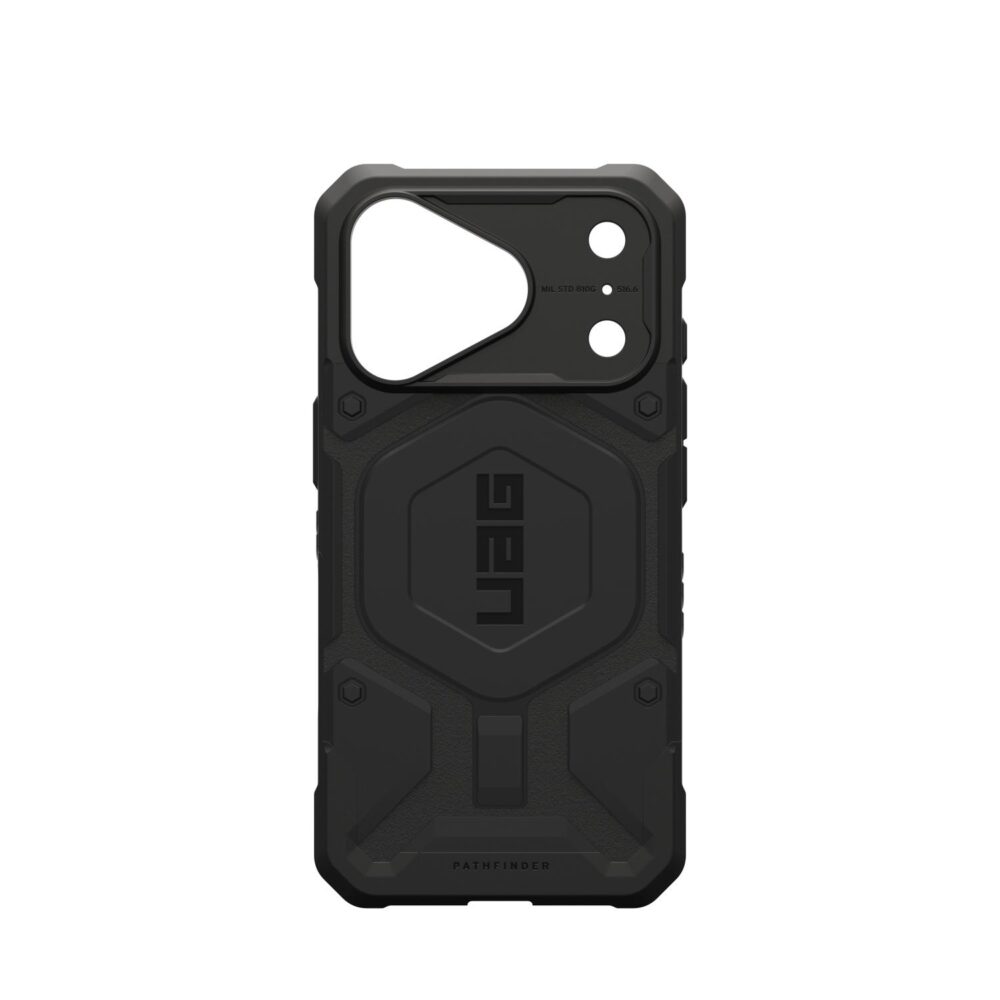 Rear view of the black UAG Pathfinder MagSafe case for Apple iPhone 18 Pro and iPhone 17 Pro, shown empty.