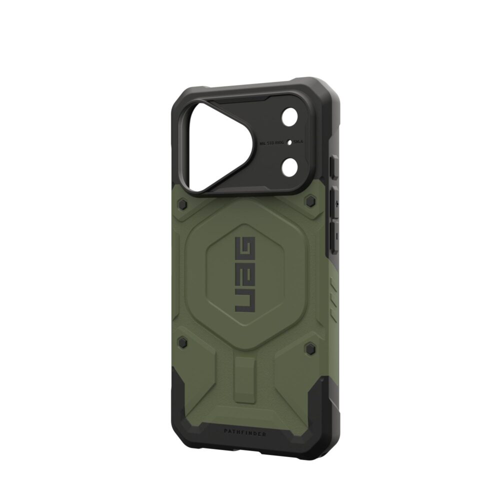 Angled rear view of the olive UAG Pathfinder MagSafe case for Apple iPhone 18 Pro and iPhone 17 Pro, shown empty with the side buttons visible.