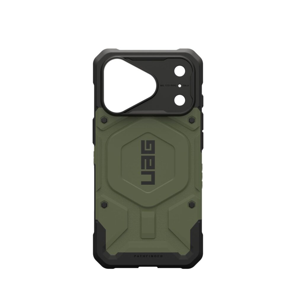 Rear view of the olive UAG Pathfinder MagSafe case for Apple iPhone 18 Pro and iPhone 17 Pro, shown empty.