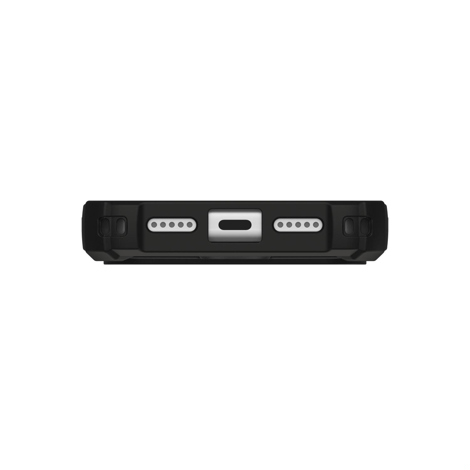 Close-up of the bottom edge of the black UAG Plasma XTE 360 MagSafe case for Apple iPhone 18 Pro and iPhone 17 Pro, showing the charging port opening, speaker openings and reinforced corners.
