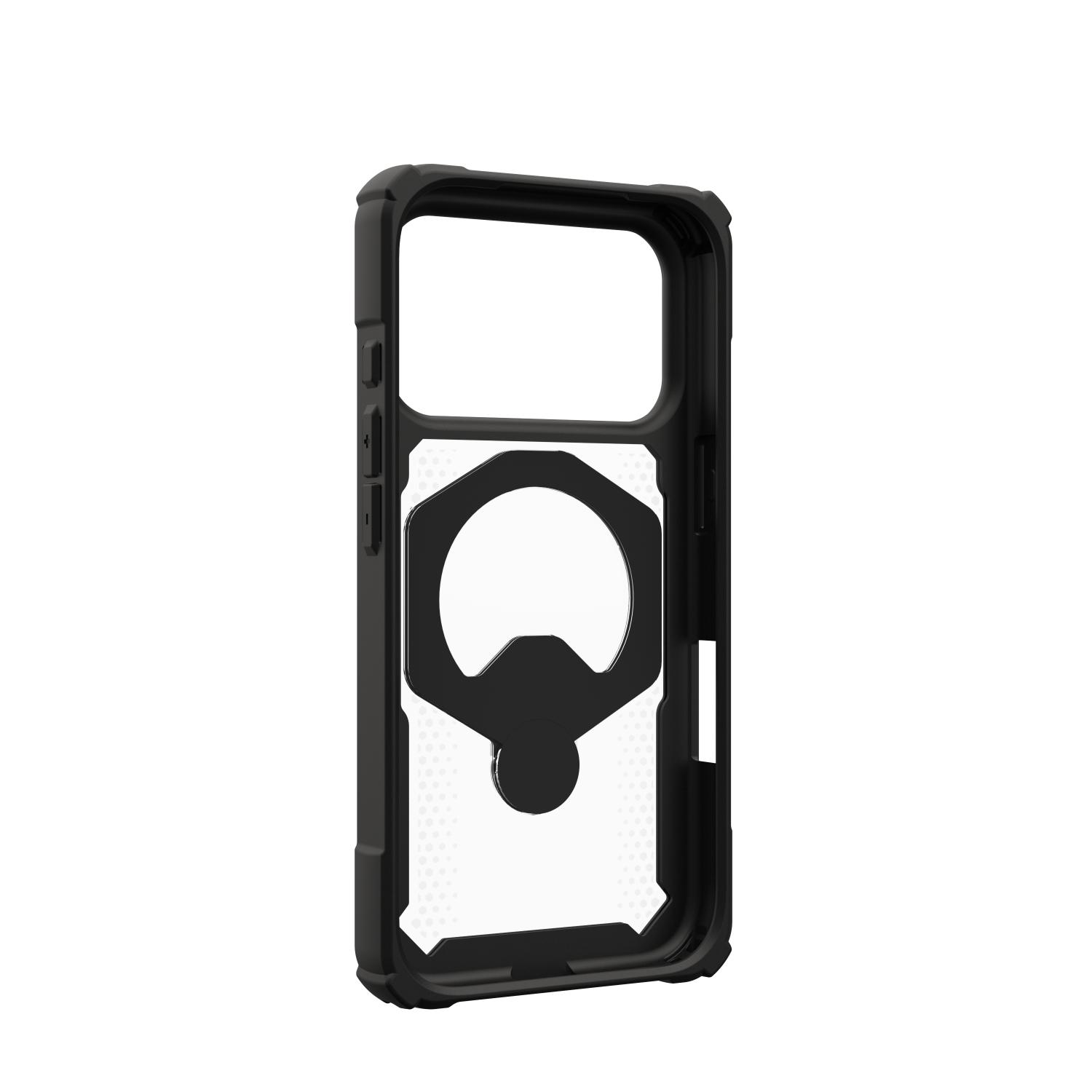 Interior angled view of the black UAG Plasma XTE 360 MagSafe case for Apple iPhone 18 Pro and iPhone 17 Pro, showing the reverse of the rotating kickstand assembly and camera opening.