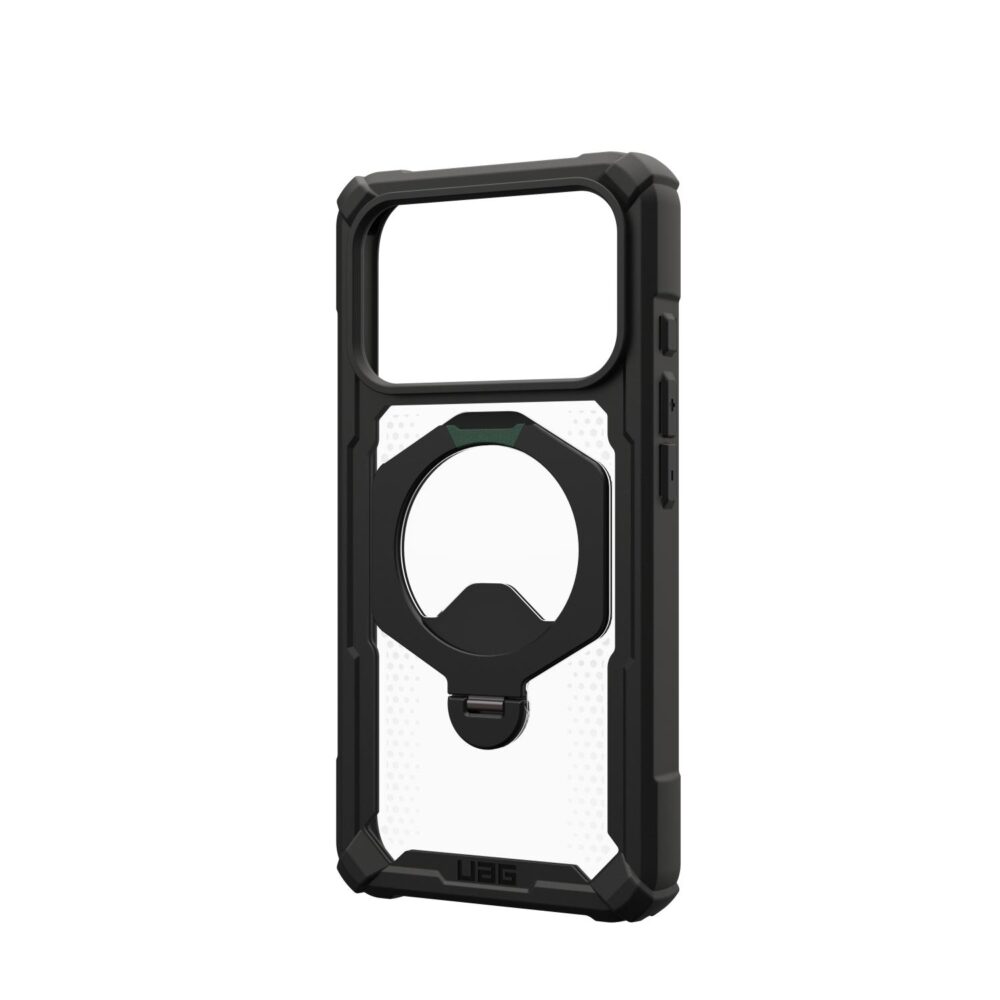 Angled rear view of the black UAG Plasma XTE 360 MagSafe case for Apple iPhone 18 Pro and iPhone 17 Pro, shown empty with the side buttons and rotating kickstand visible.