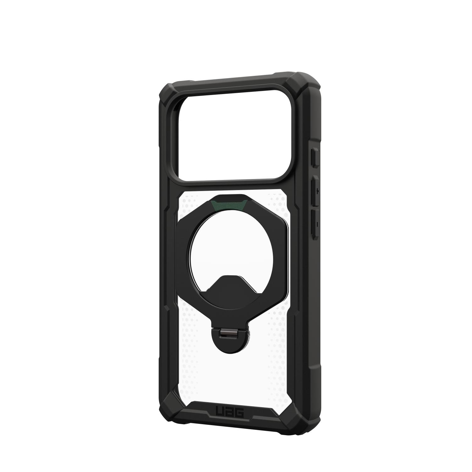Angled rear view of the black UAG Plasma XTE 360 MagSafe case for Apple iPhone 18 Pro and iPhone 17 Pro, shown empty with the side buttons and rotating kickstand visible.
